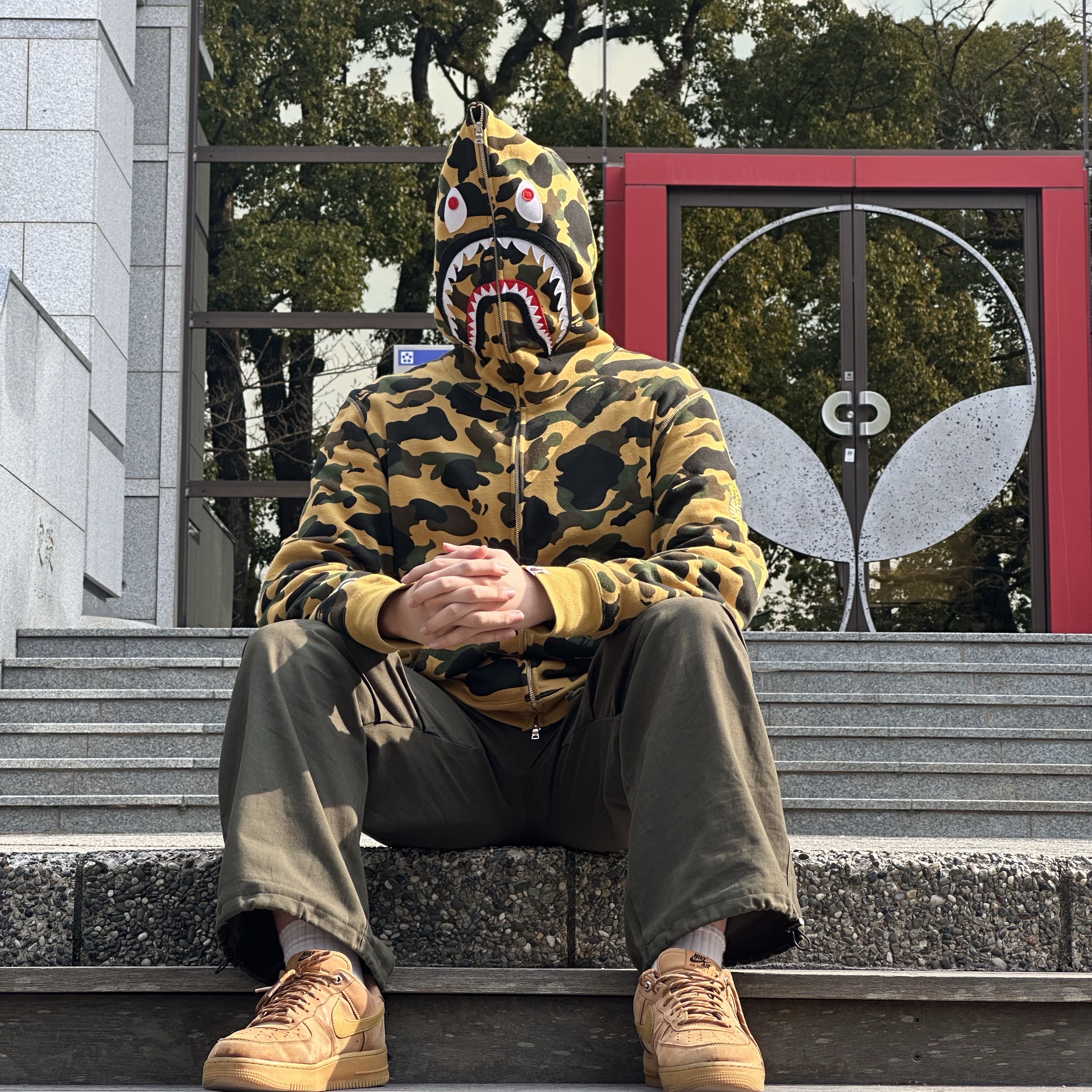 BAPE PONR 1st Camo 2nd Shark Full Zip Hoodie Yellow 착용 스타일