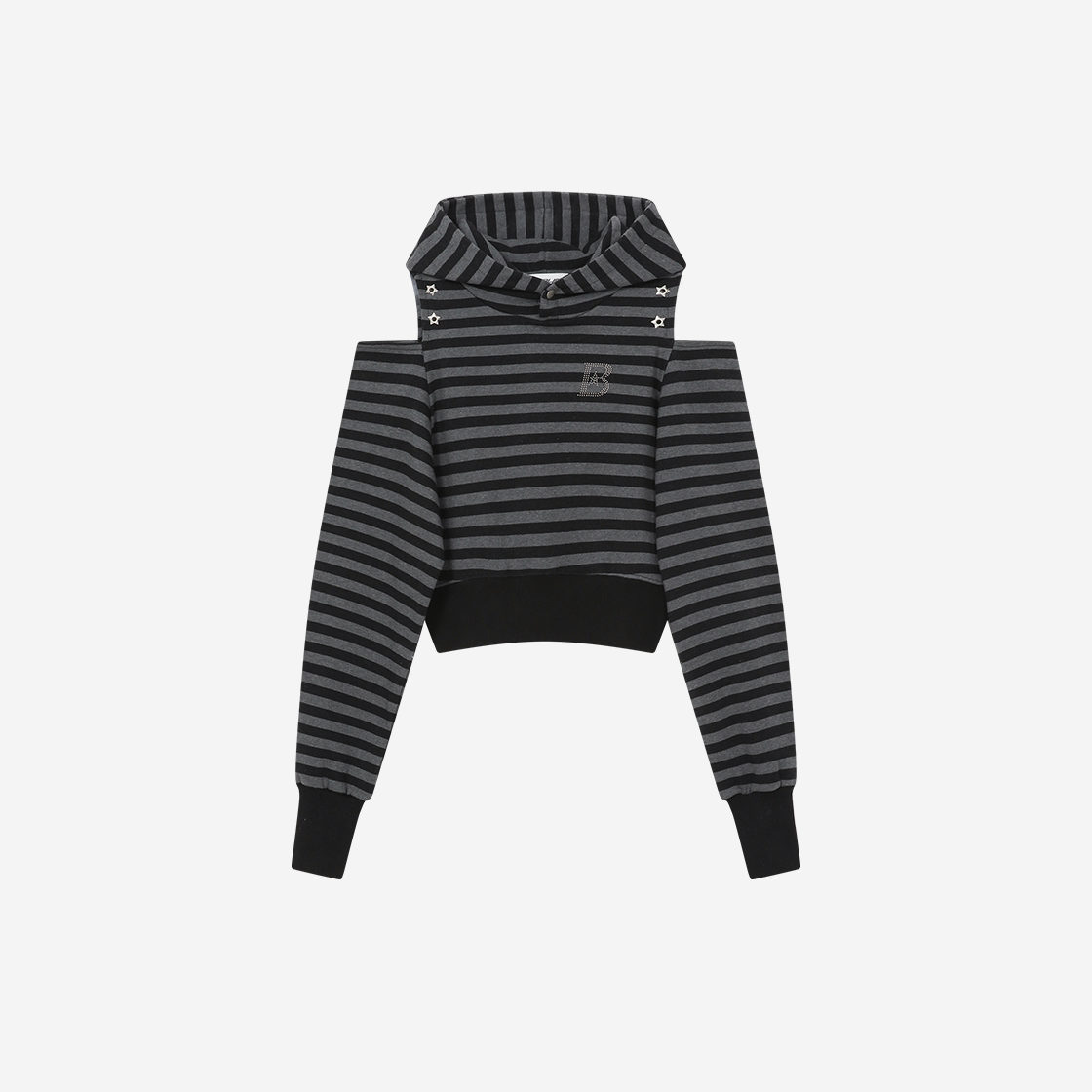 BT25SS-WBLK1 BAUF Striped Cutout Off-Shoulder Crop Hoodie Black