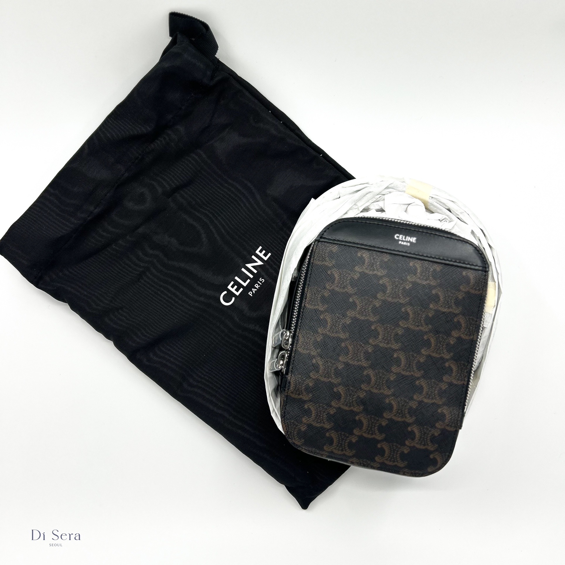 Celine Vertical Messenger Box Bag in Triomphe Canvas and Calfskin Black 착용 스타일 - 1