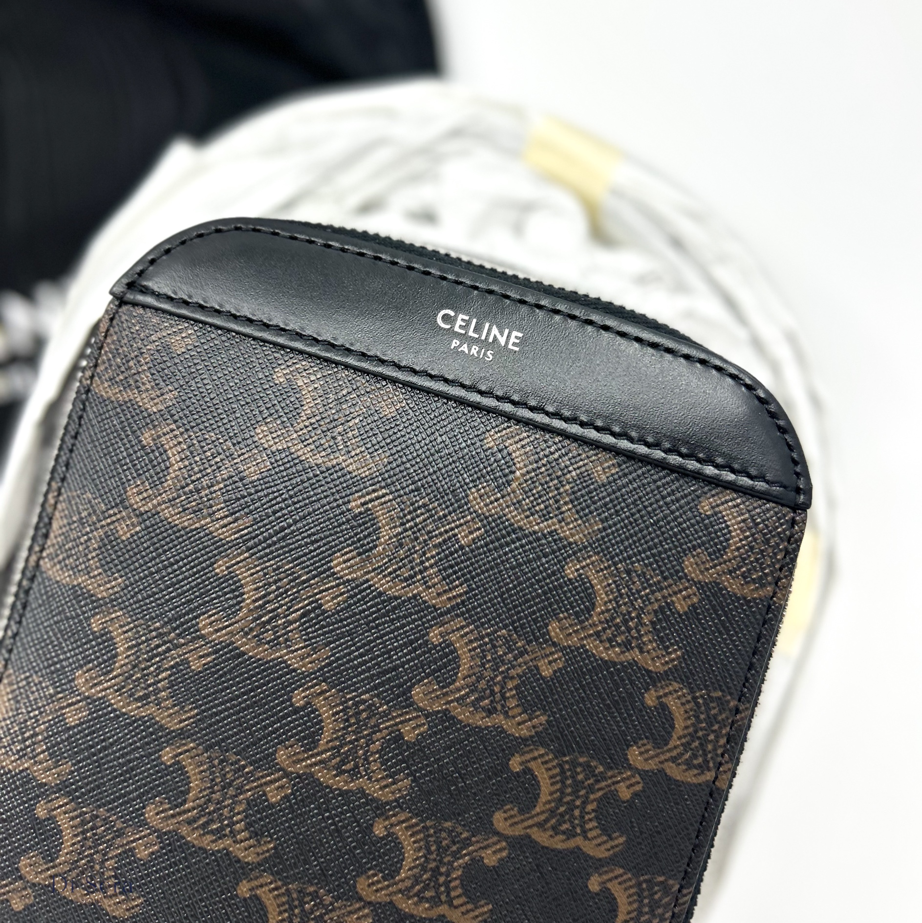 Celine Vertical Messenger Box Bag in Triomphe Canvas and Calfskin Black 착용 스타일 - 3