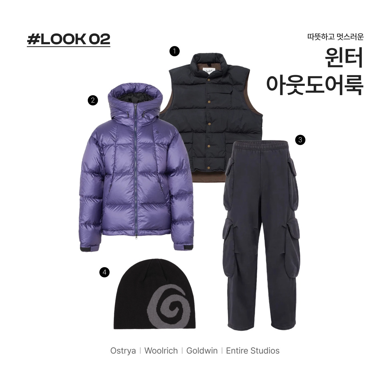 Ostrya Merino Swirl Beanie Black - 24FW, Goldwin Pertex Quantum Down Parka Deep Eclipse Purple - 24FW 착용 스타일