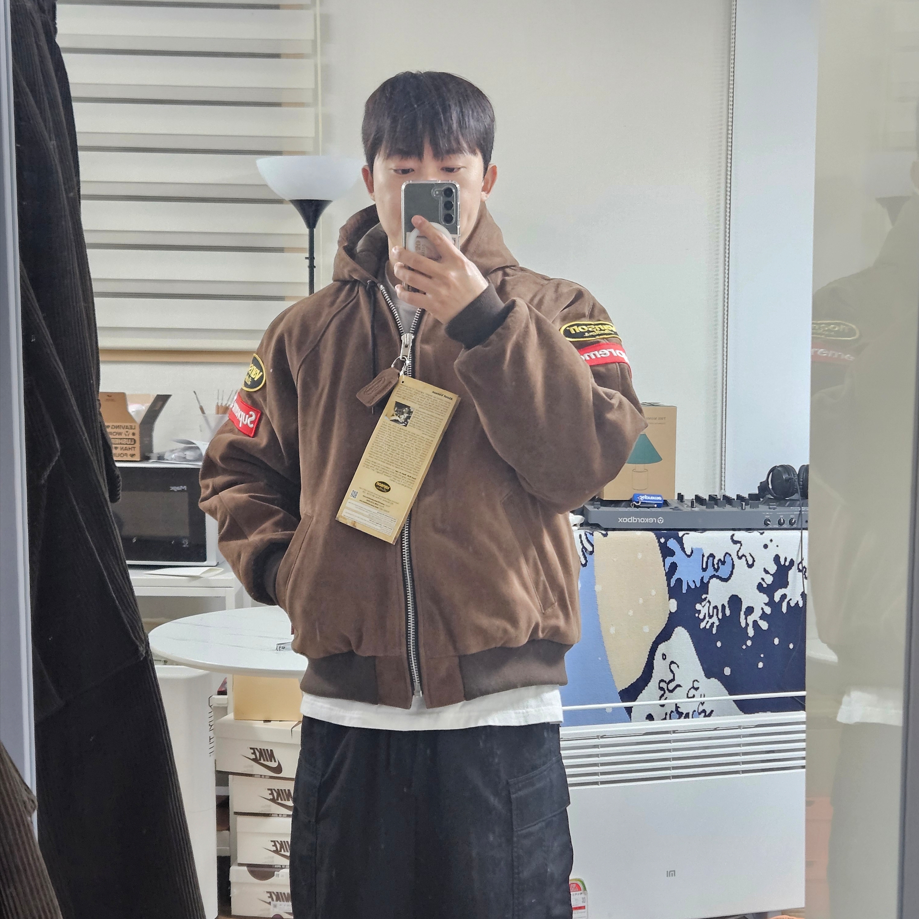 Supreme x Vanson Leathers Hooded Work Jacket Suede - 24FW 착용 스타일