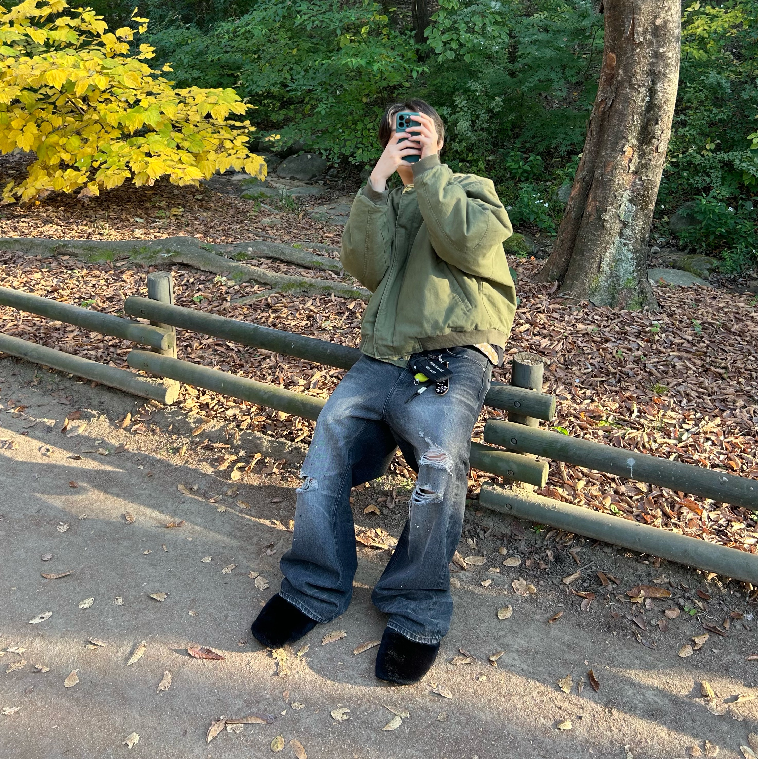 Nonnod Sulfur Dye Serge Bomber Jacket Vintage Khaki, Stussy 8 Ball Studded Belt Raw Cowhide Hair 착용 스타일 - 5