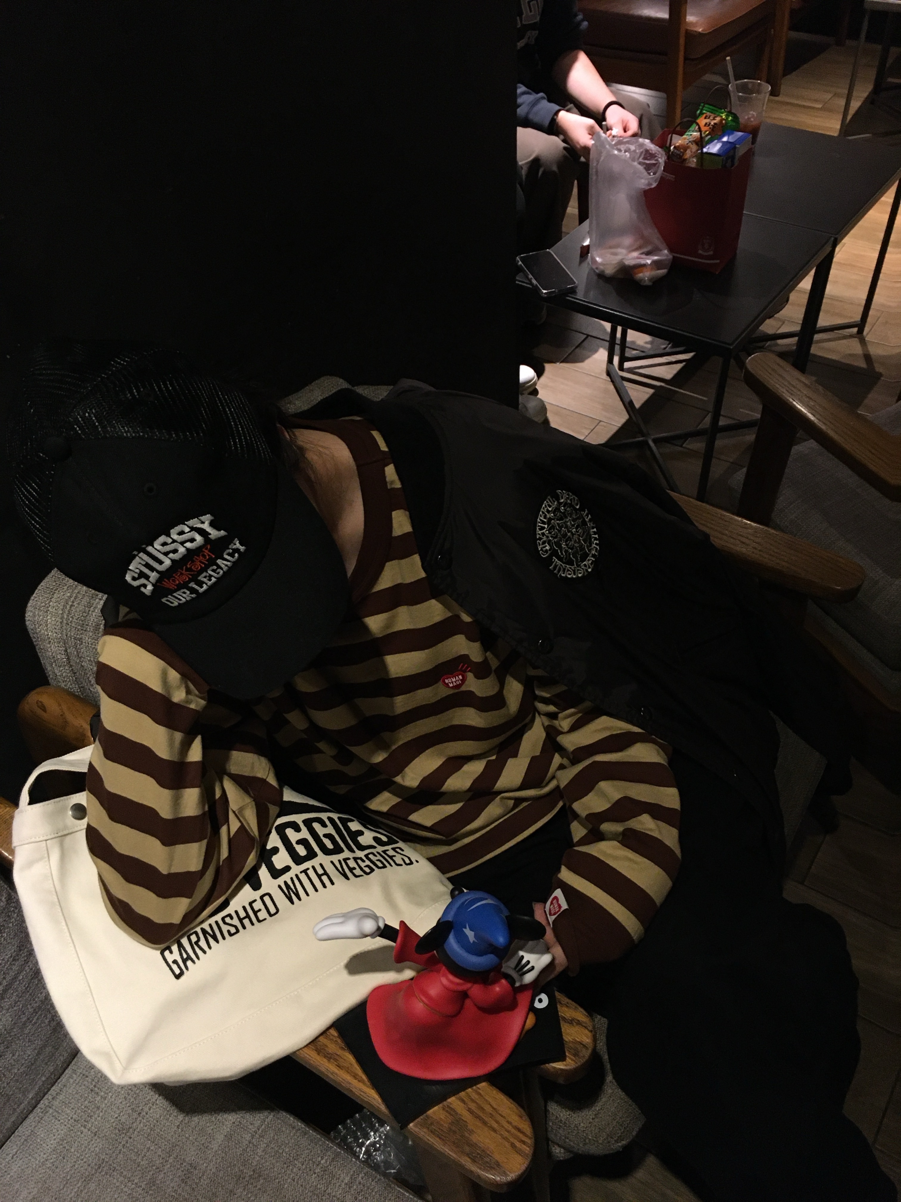 Stussy x Our Legacy Work Shop Low Profile Trucker Cap Black, Human Made Striped L/S T-Shirt Brown 착용 스타일