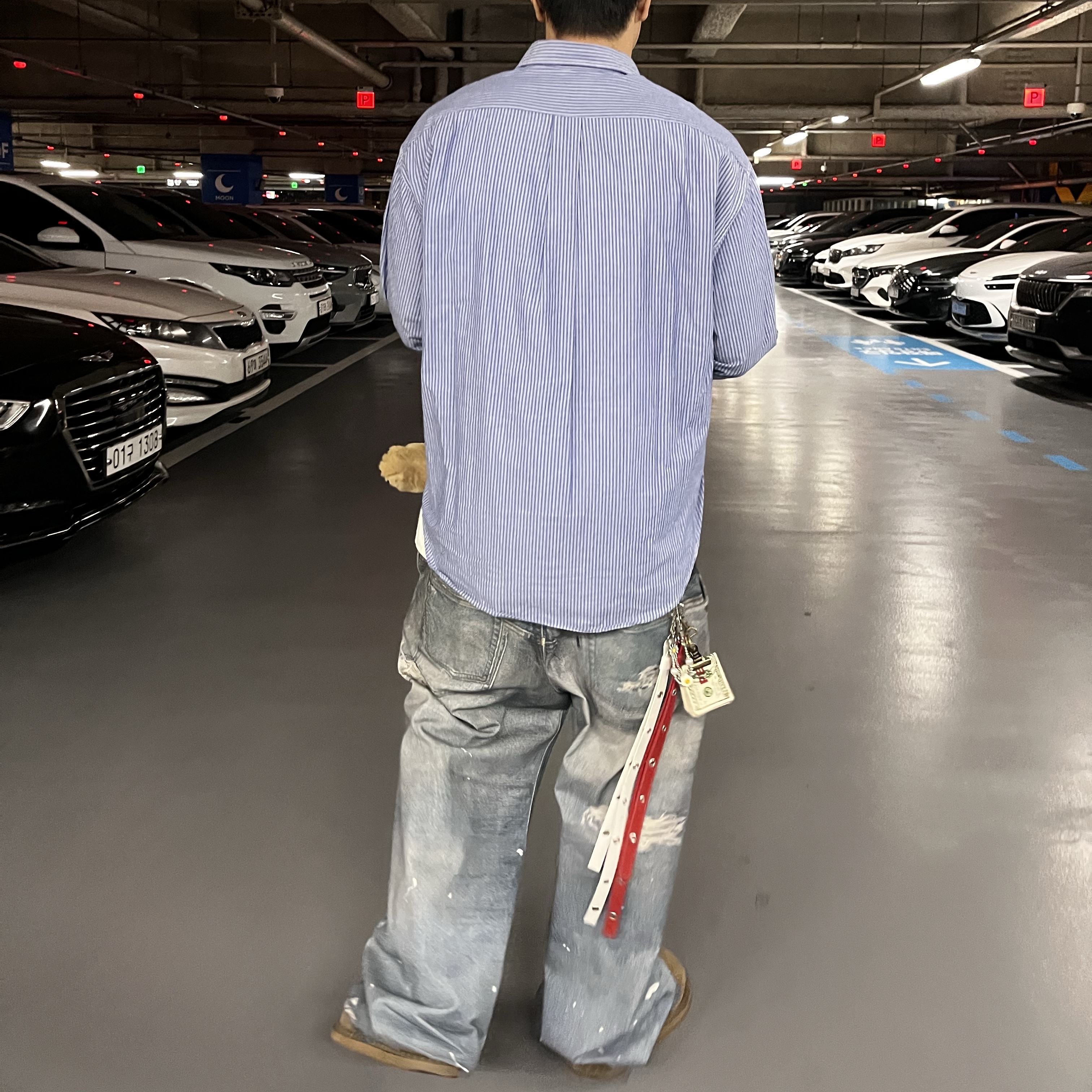Project G/R Trompe-L’Oeil Denim Printed Pants Blue, Kinchi x Yiyae Bone Mule Camel 착용 스타일 - 2