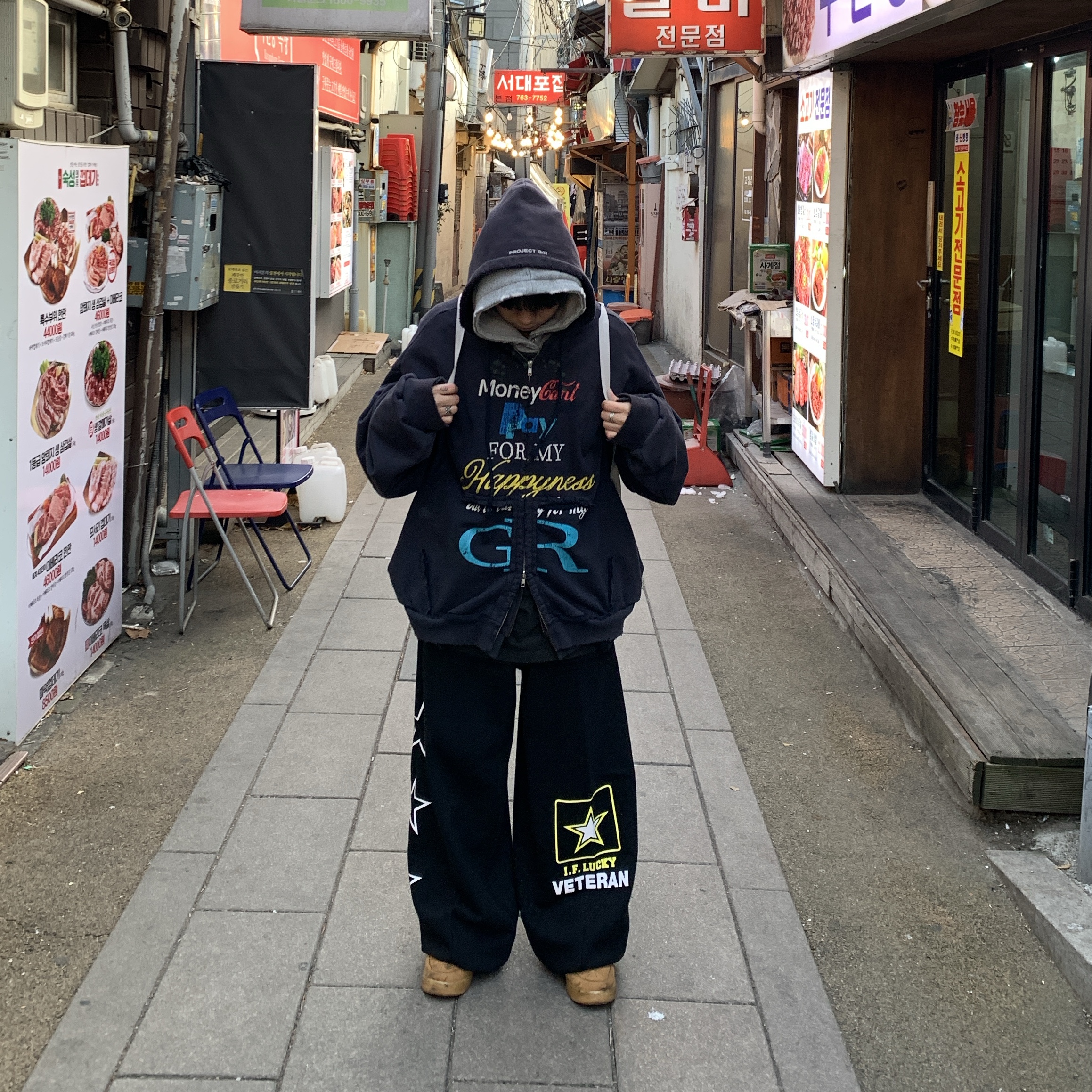 Project G/R Happiness Zip Hoodie Navy, Nike Air Force 1 '07 WB Flax 착용 스타일 - 1