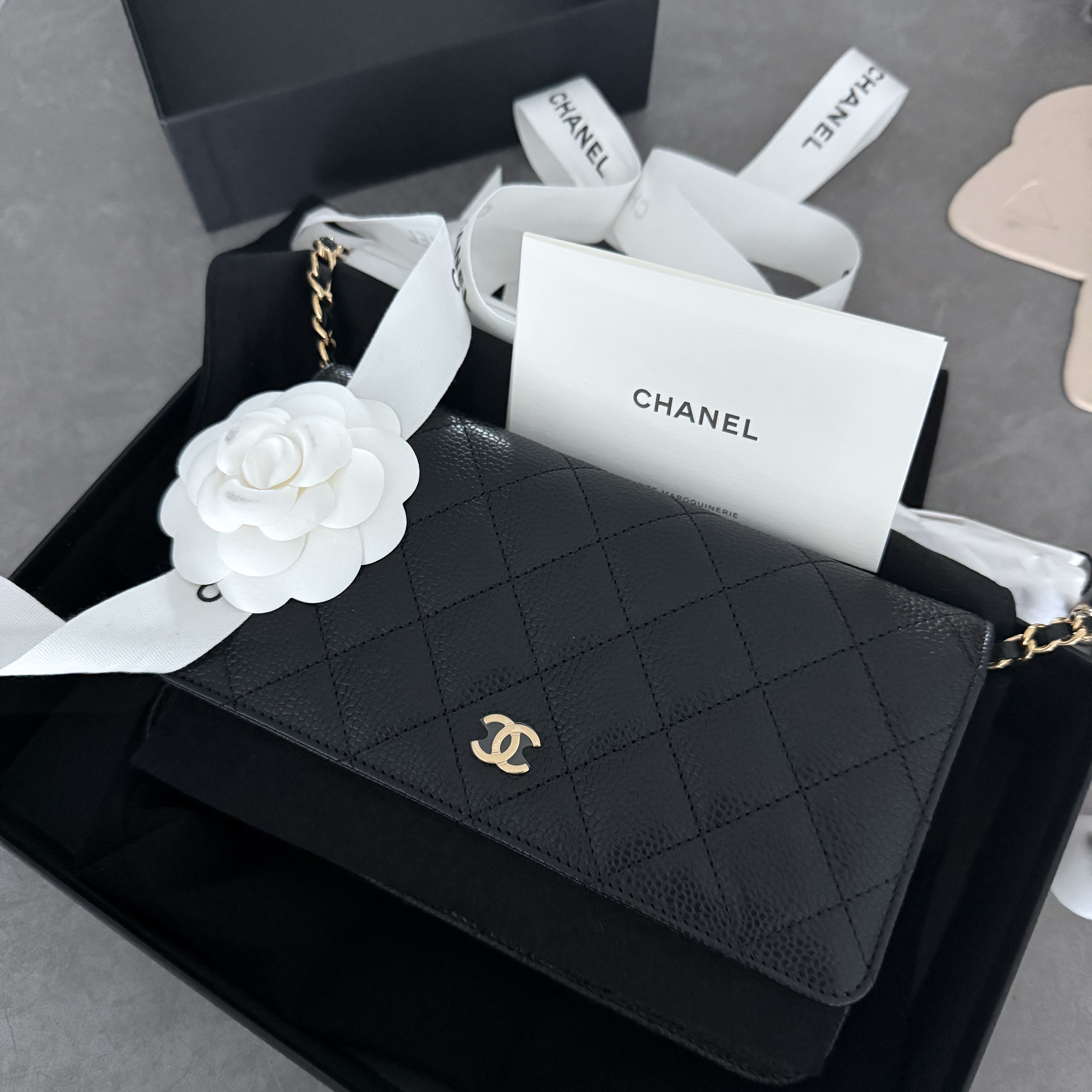 Chanel Classic Wallet On Chain Grained Calfskin & Gold Black 착용 스타일