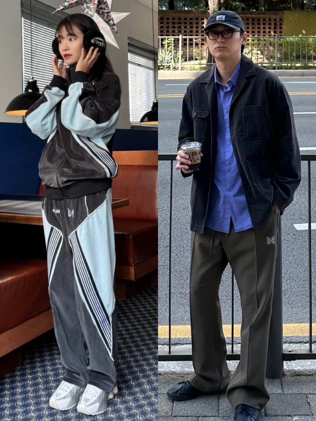 Palace x Needles Track Jacket Black - 24FW, Needles Piping Cowboy Pants Poly JQ Black Purple 착용 스타일 - 2