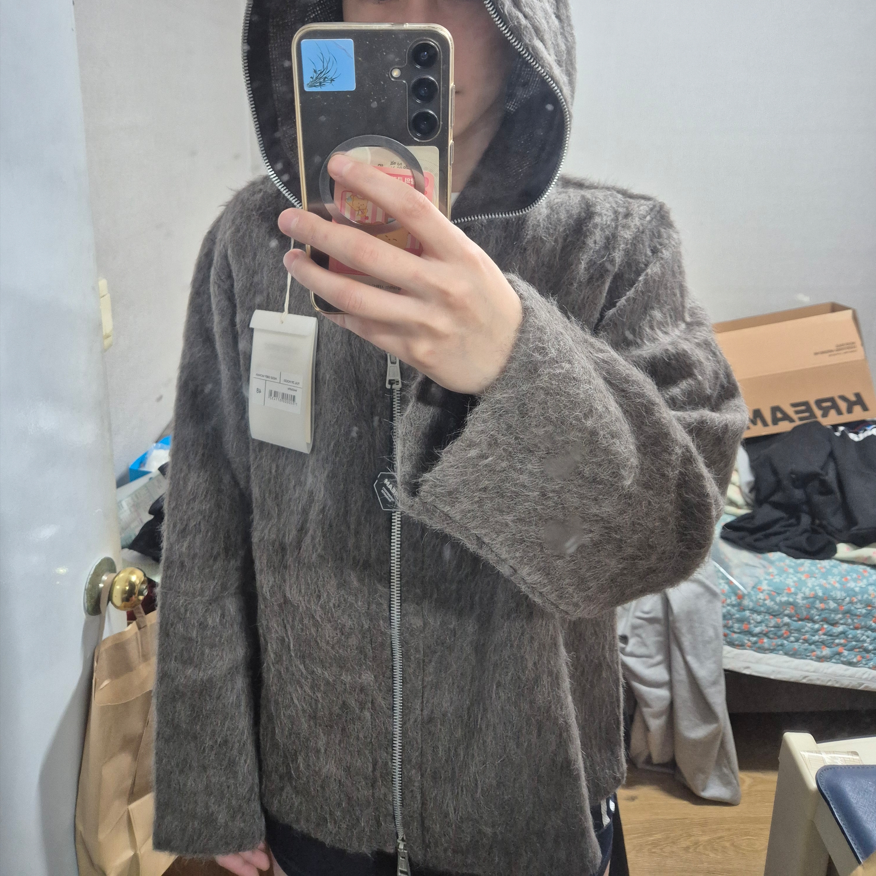 Our Legacy Full Zip Hood Mole Grey Mohair 착용 스타일