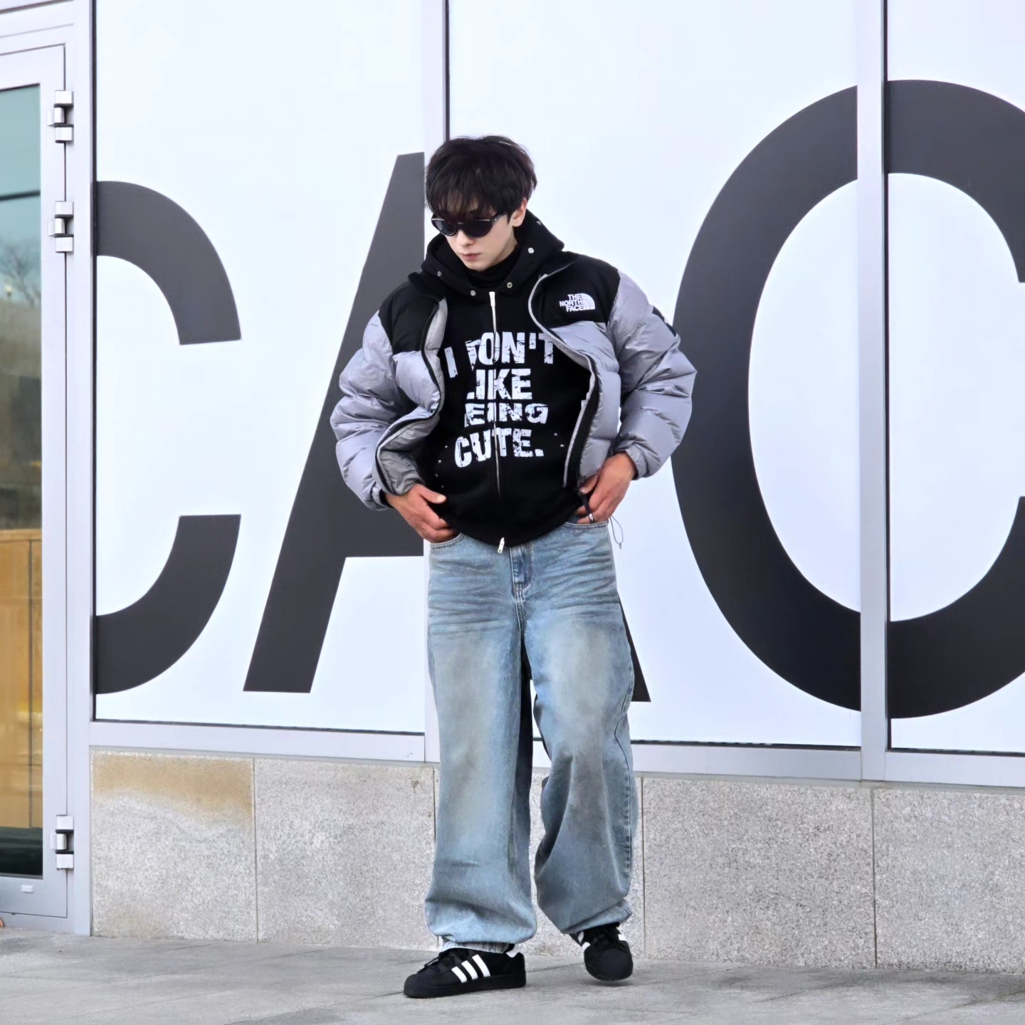 The North Face White Label Novelty Nuptse Down Jacket Heather Gray, Adidas Superstar Core Black White 착용 스타일 - 9