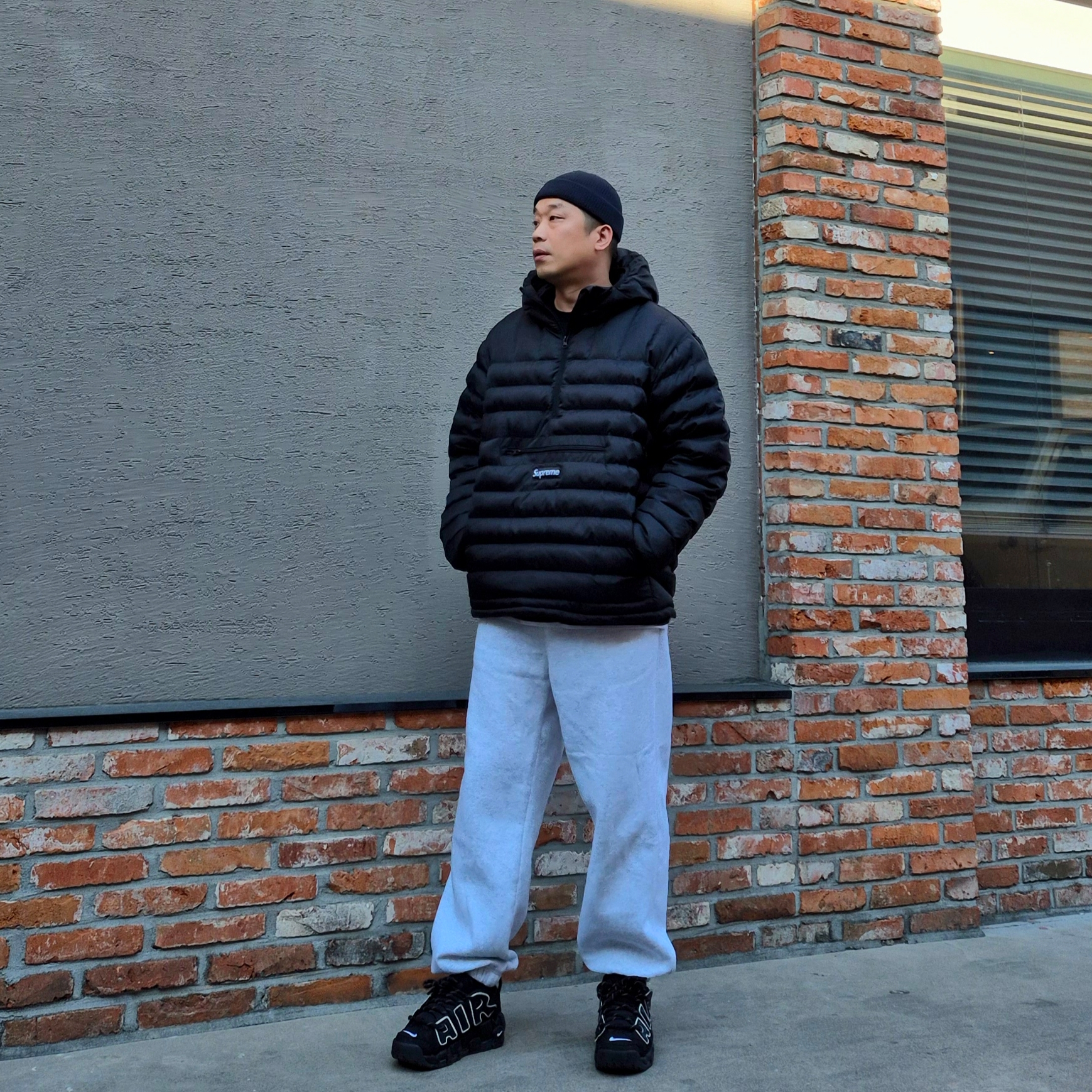 Nike x Ambush Air More Uptempo Low Black and White, Supreme Micro Down Half Zip Hooded Pullover Black - 24FW 착용 스타일