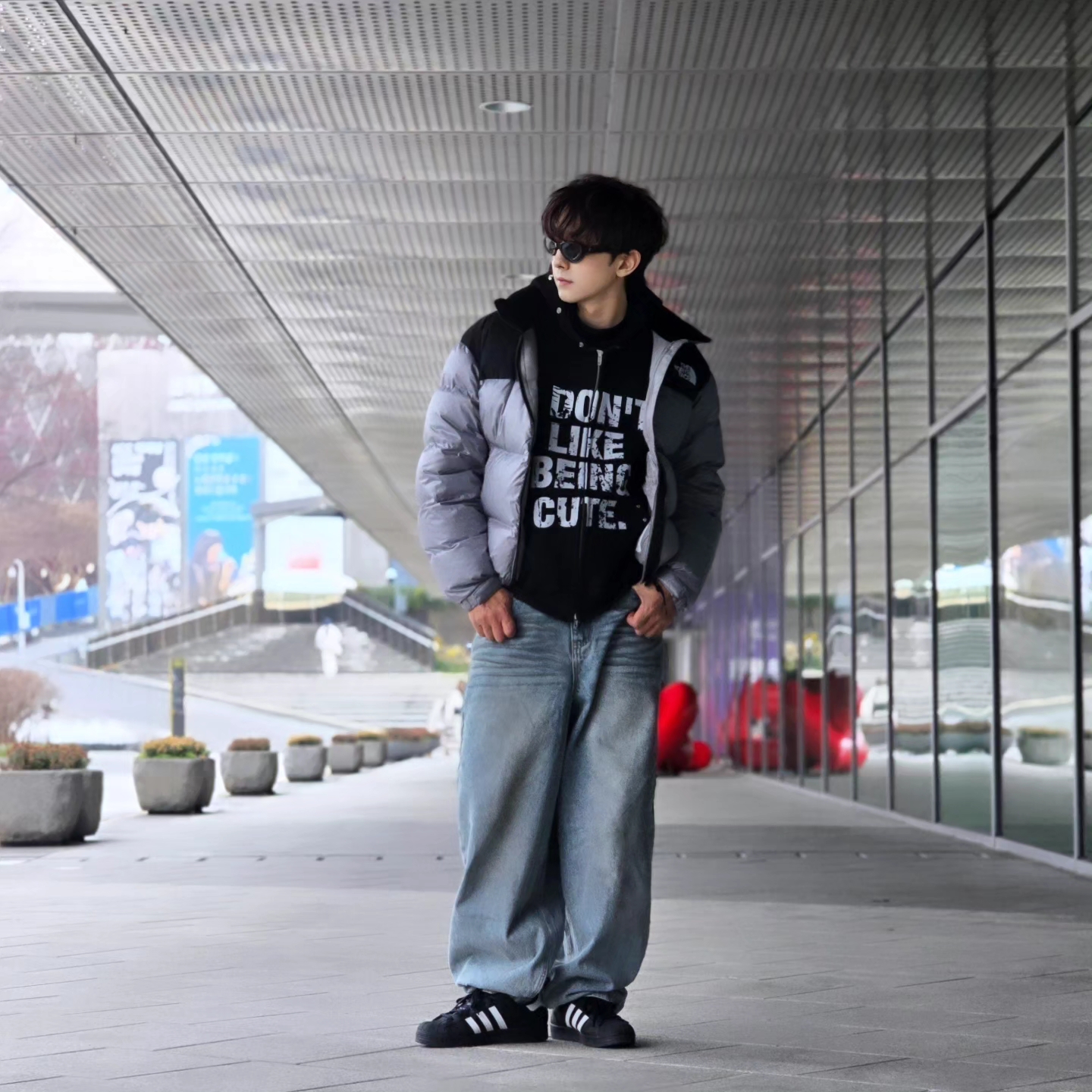 The North Face White Label Novelty Nuptse Down Jacket Heather Gray, Adidas Superstar Core Black White 착용 스타일 - 4