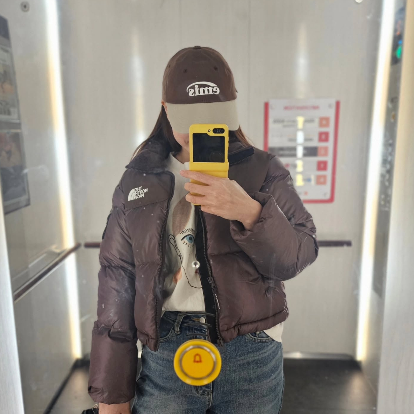 (W) The North Face White Label Novelty Nuptse RDS Down Jacket Cocoa Brown 착용 스타일