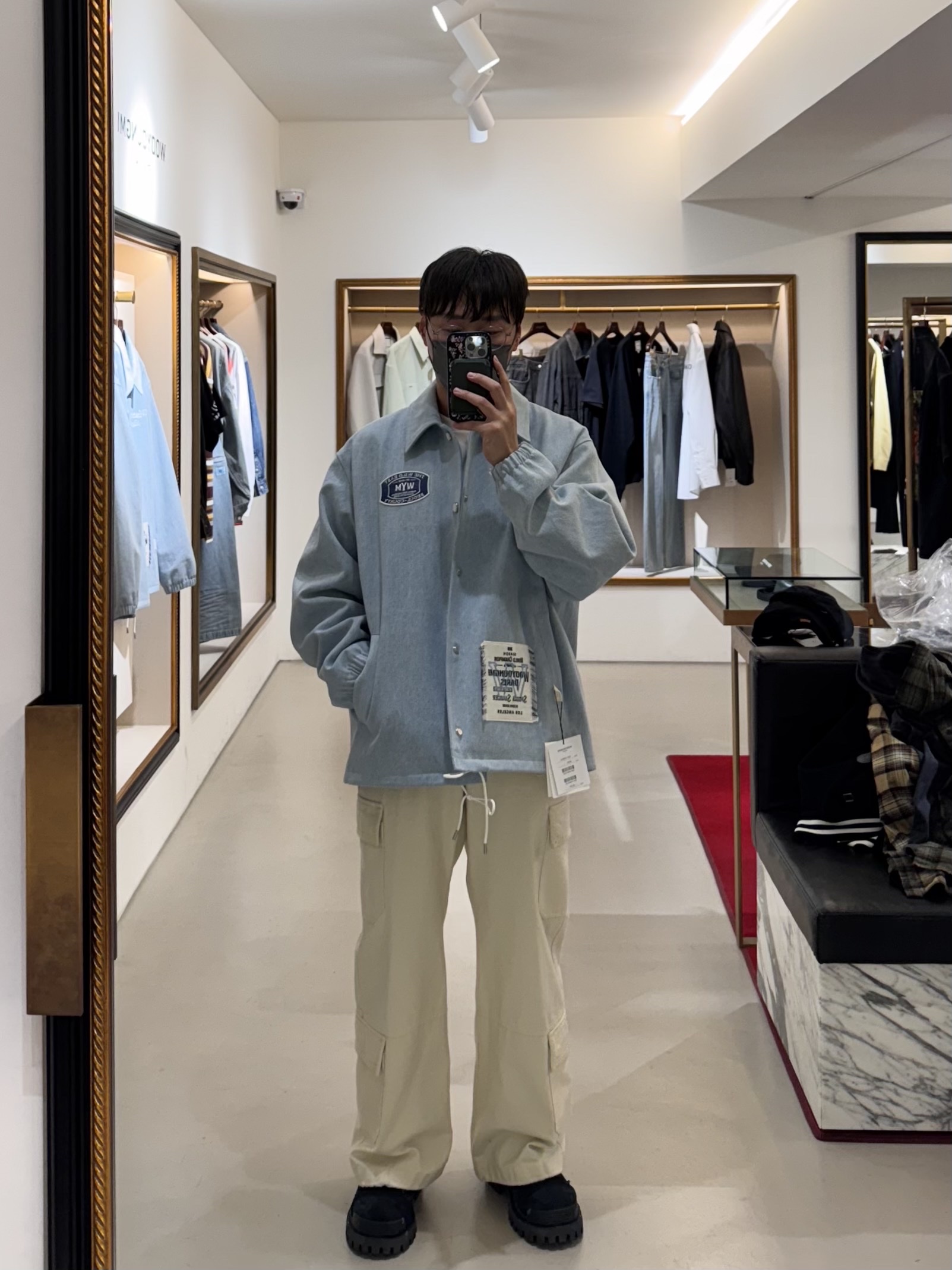 Balenciaga Paris Liberty Layered Oversized Shirts Dark Green, Wooyoungmi Varsity Zip Up Cardigan Black - 25SS 착용 스타일 - 5