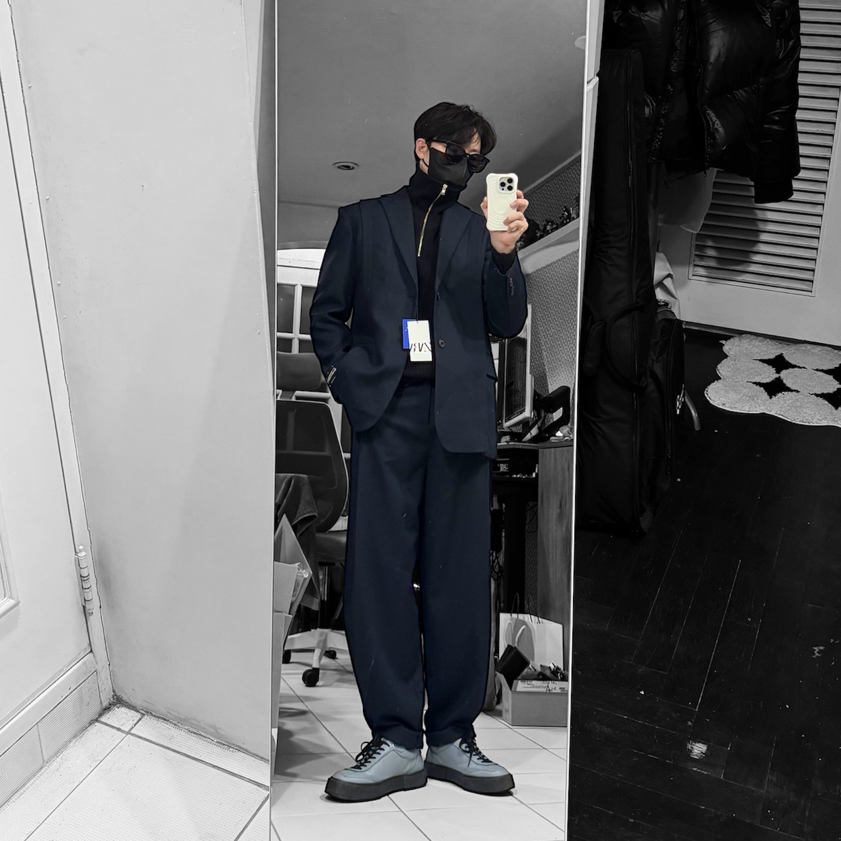 Zara x Ader Error Oversize Blazer Navy, Zara x Ader Error Darted Trousers Navy 착용 스타일 - 2