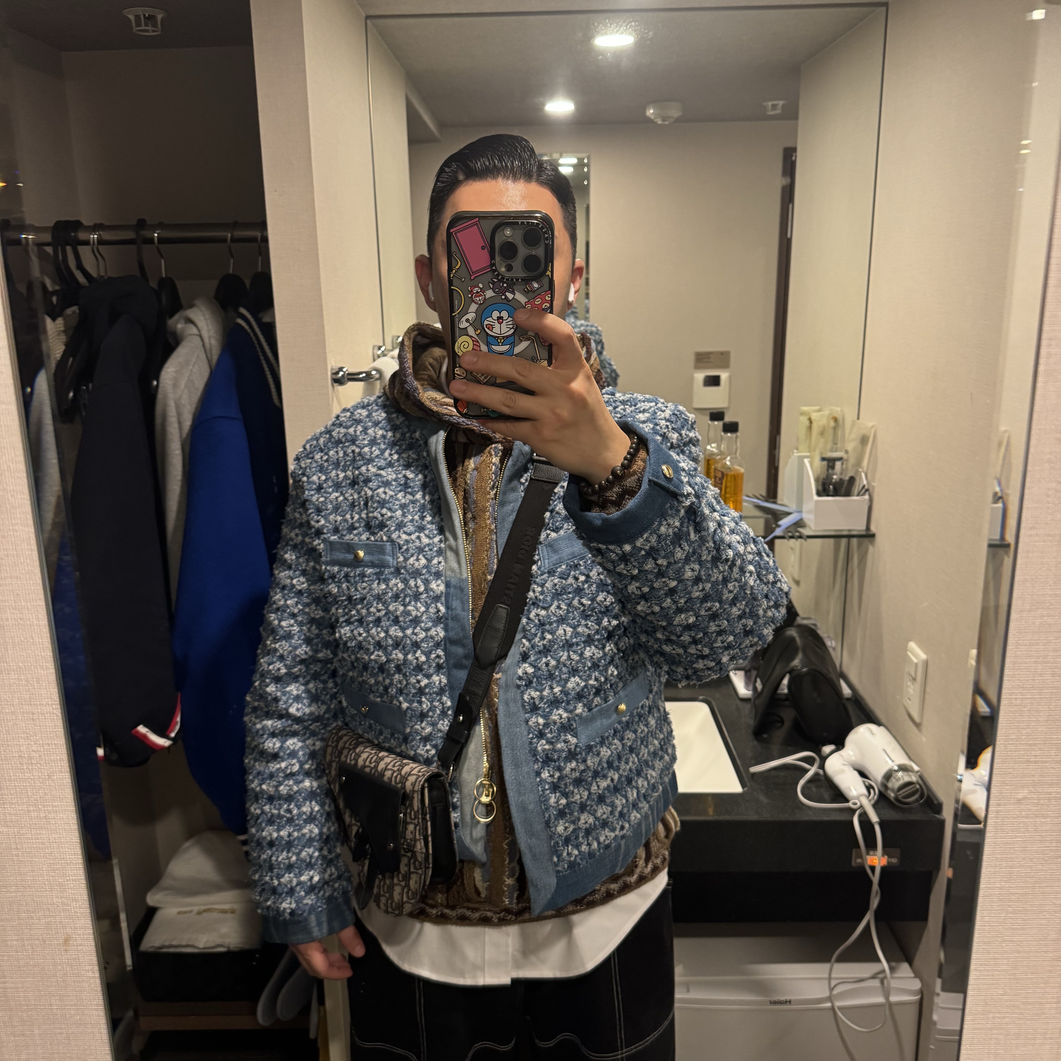 Kapital 7G Knit Gaudy Hooded Sweater Gold Brown, Kapital Crushed Napping Quilted Denim Bolero Jacket Processing 착용 스타일