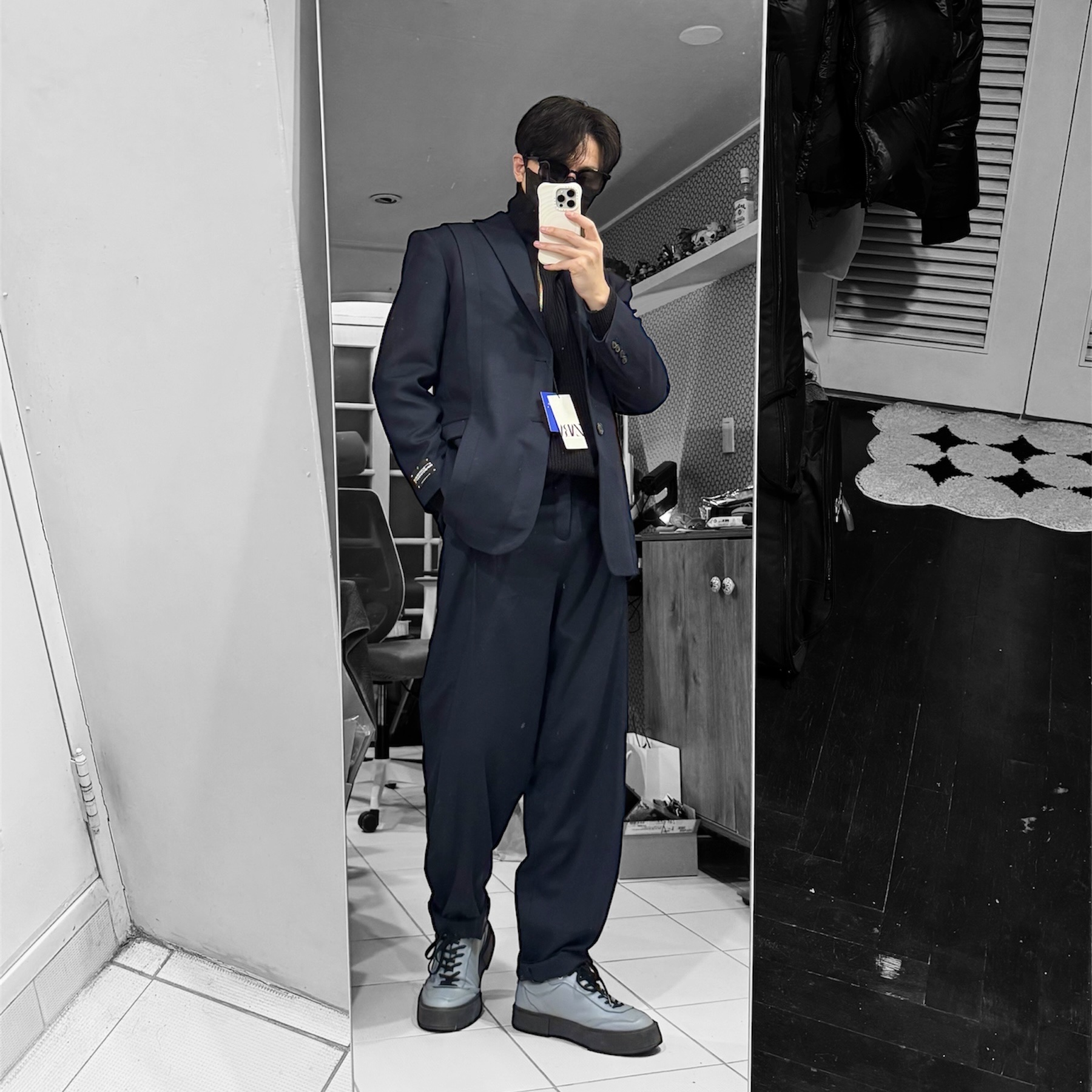 Zara x Ader Error Oversize Blazer Navy, Zara x Ader Error Darted Trousers Navy 착용 스타일 - 1