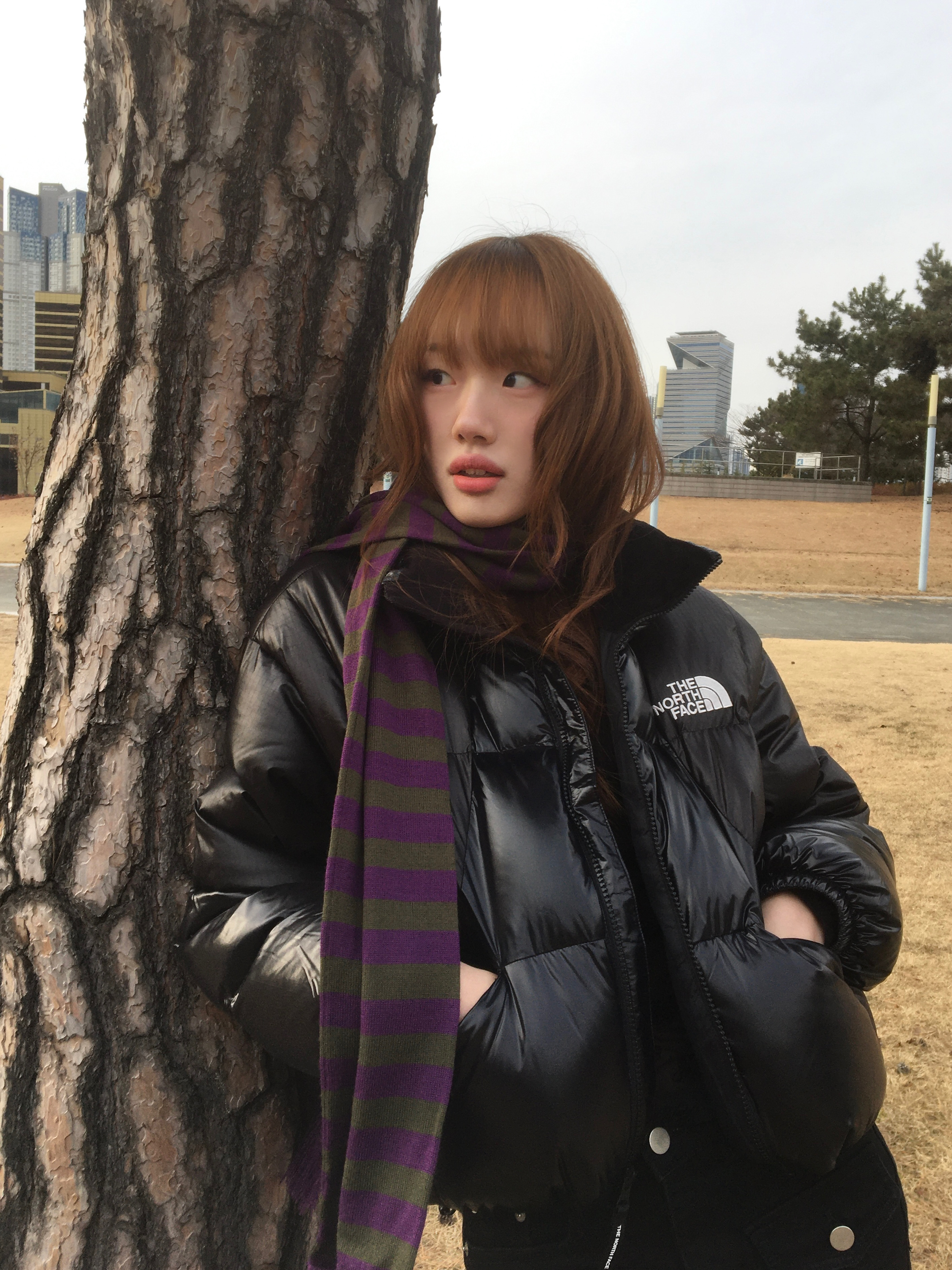 Thevinylhouse Stripe Muffler Khaki, The North Face White Label Wave RDS Down Jacket Black 착용 스타일 - 4