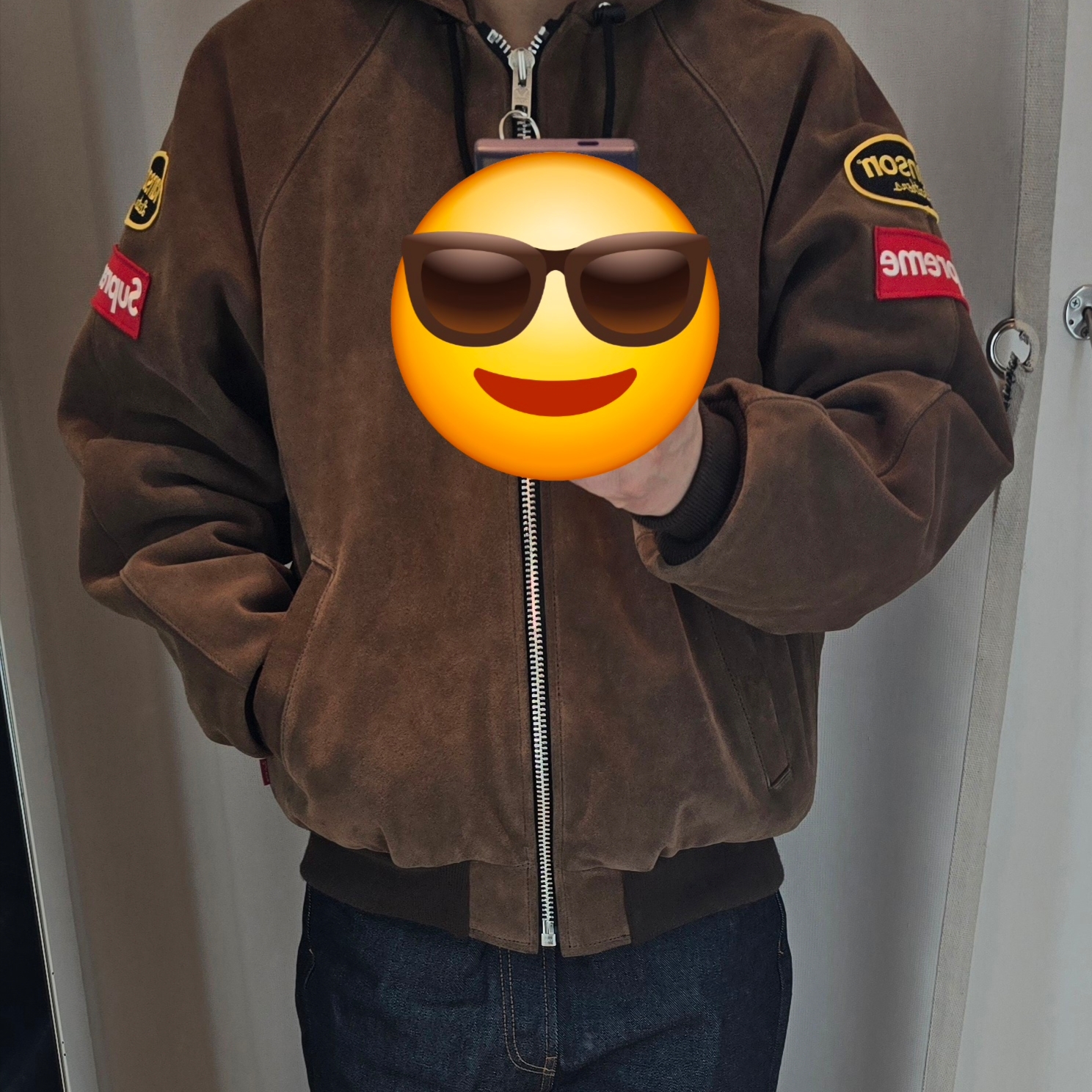 Supreme x Vanson Leathers Hooded Work Jacket Suede - 24FW, Supreme Rigid Baggy Selvedge Jean Rigid Indigo - 24FW 착용 스타일