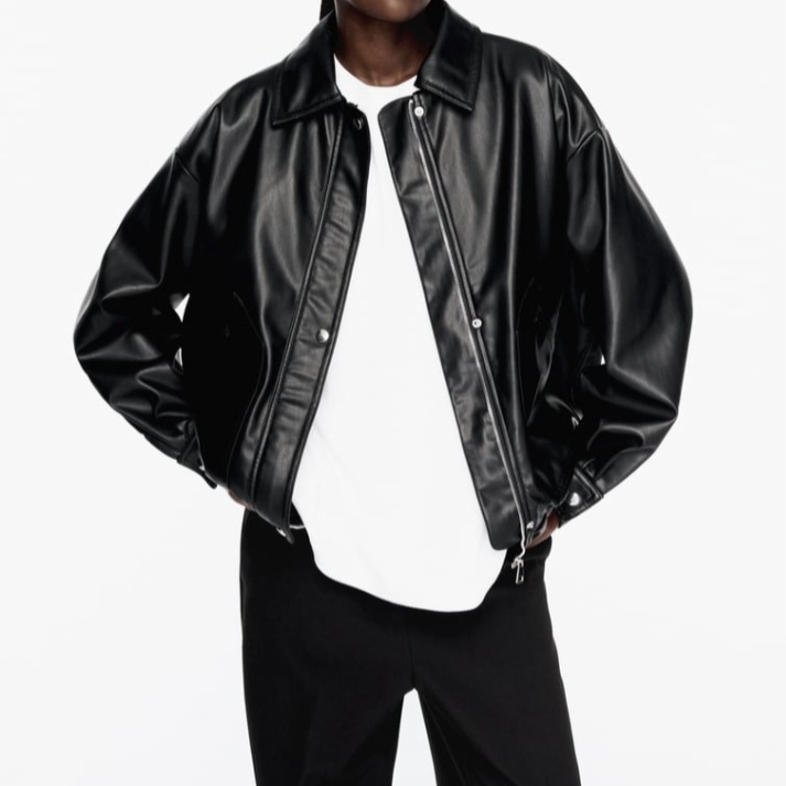 Zara Leather Effect Bomber Jacket Black 착용 스타일