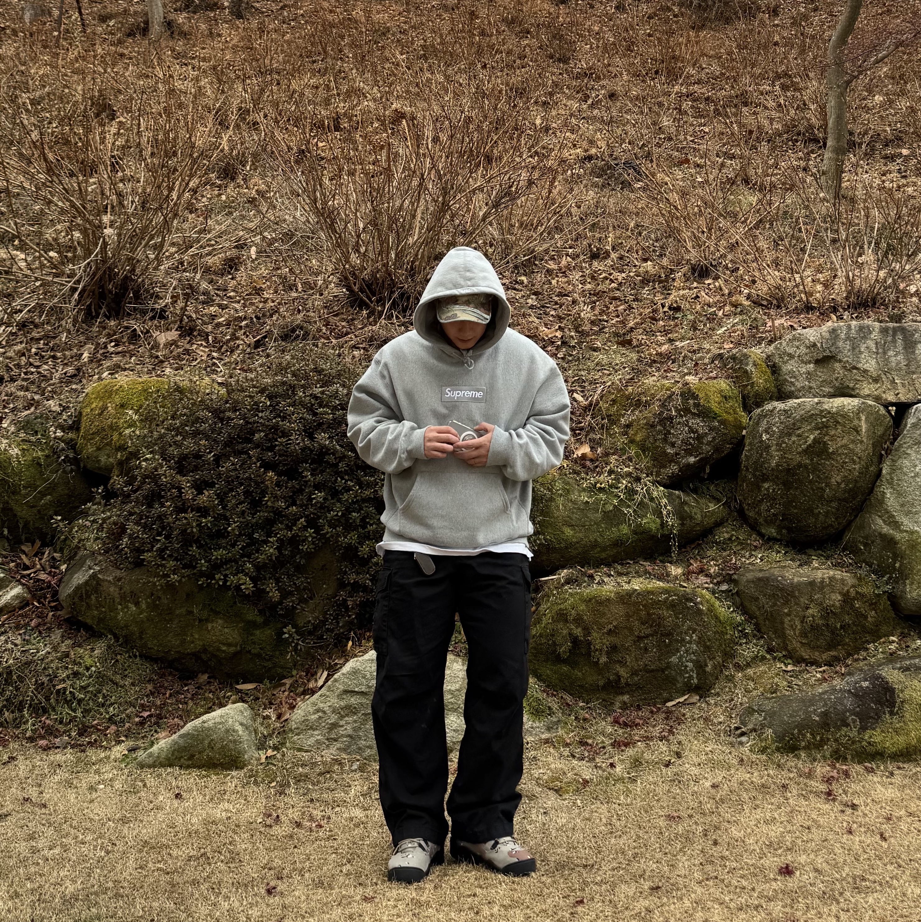 Nike x Supreme SB Darwin Low Desert Camo, Supreme Box Logo Hooded Sweatshirt Heather Grey - 24FW 착용 스타일 - 2