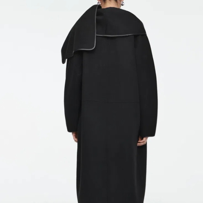 (W) COS Leather Trimmed Wool Scarf Coat Black 착용 스타일