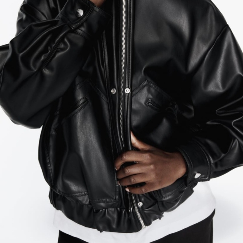Zara Leather Effect Bomber Jacket Black 착용 스타일