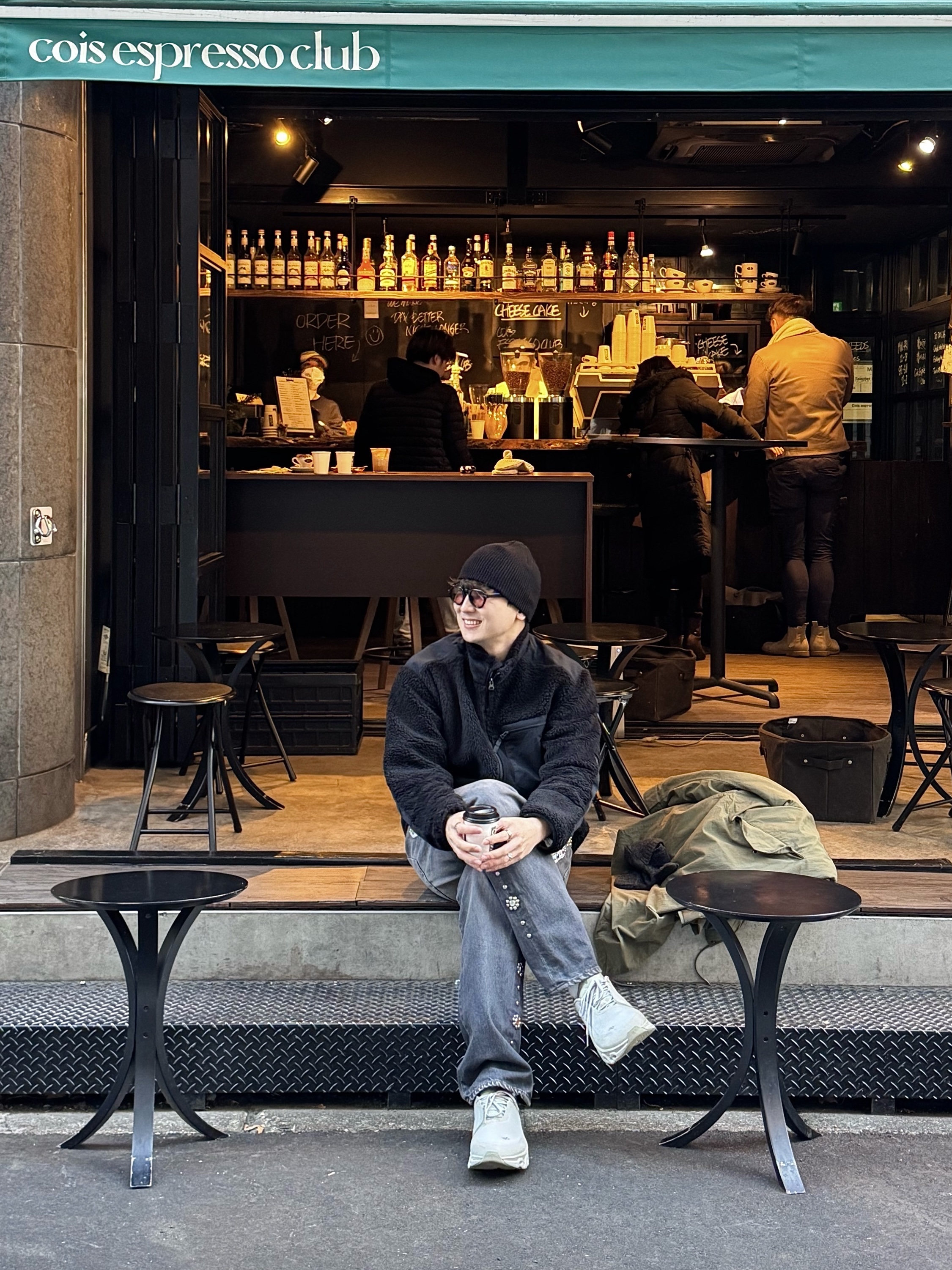 Uniqlo x Engineered Garments Combination Fleece Jacket Black - JP, Kapital 14 oz. Denim 5P Monkey Cisco Gemstone Pants Black 착용 스타일