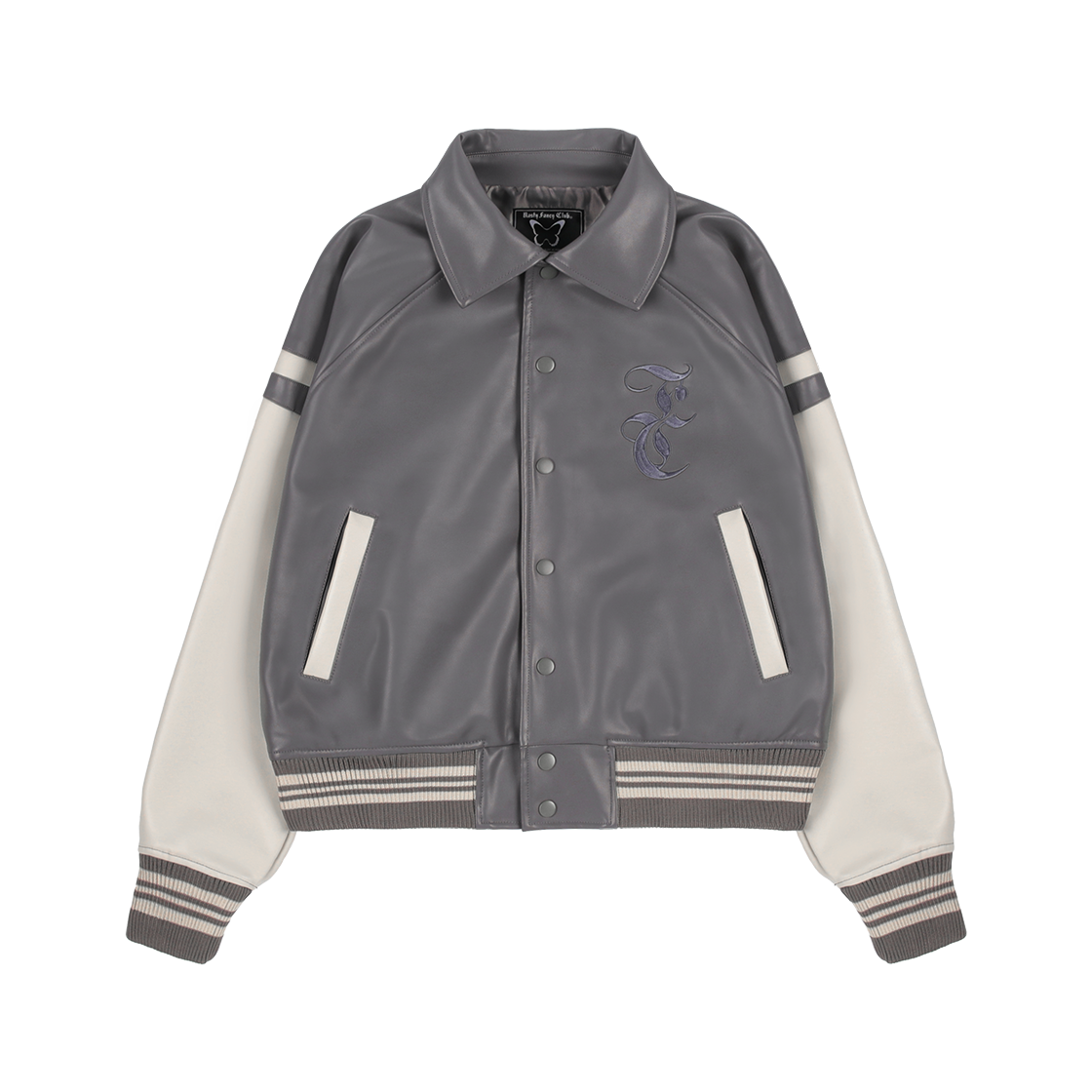 팬시클럽 맬로우 바시티 레더 자켓 그레이