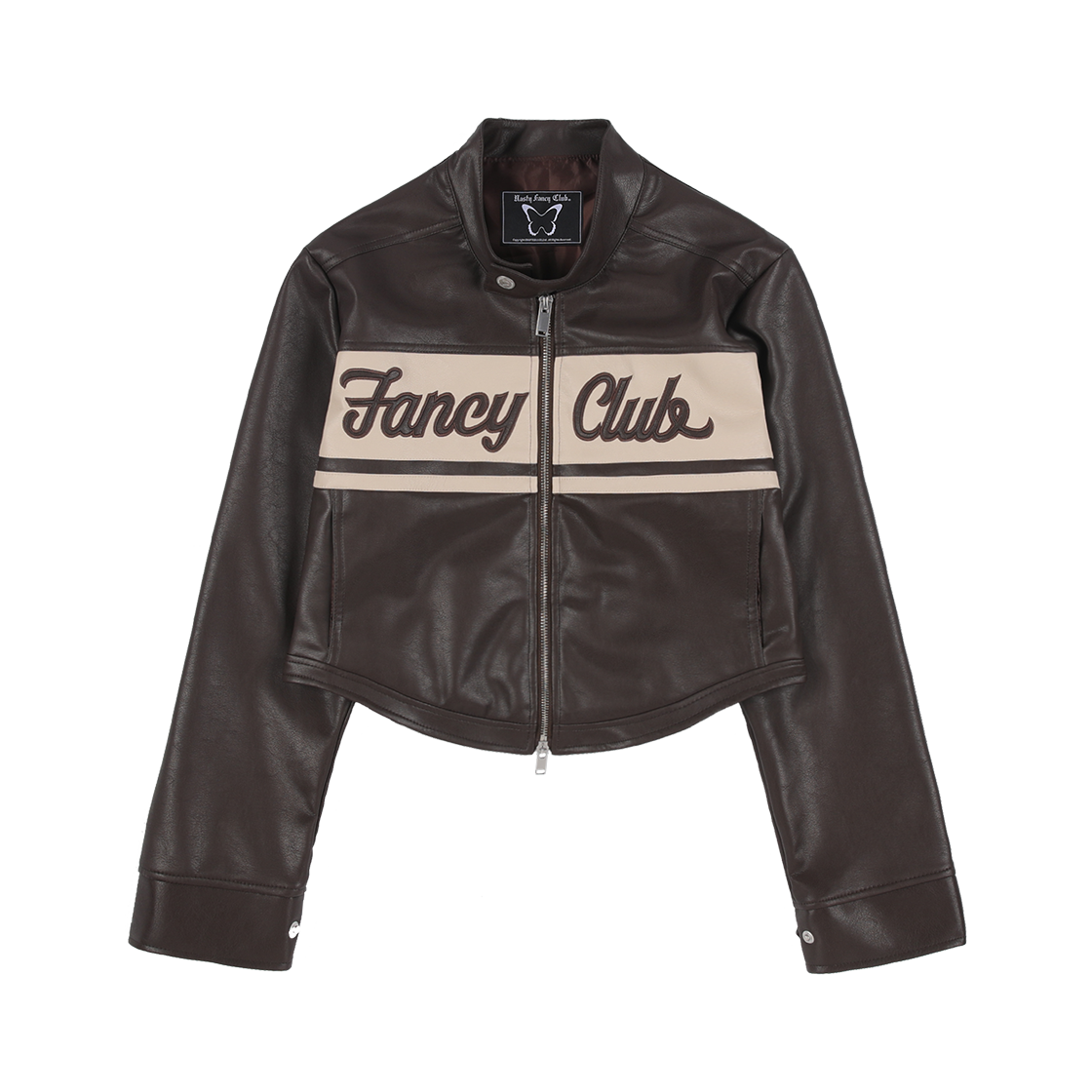 팬시클럽 바이크 크롭 레더 자켓 브라운
