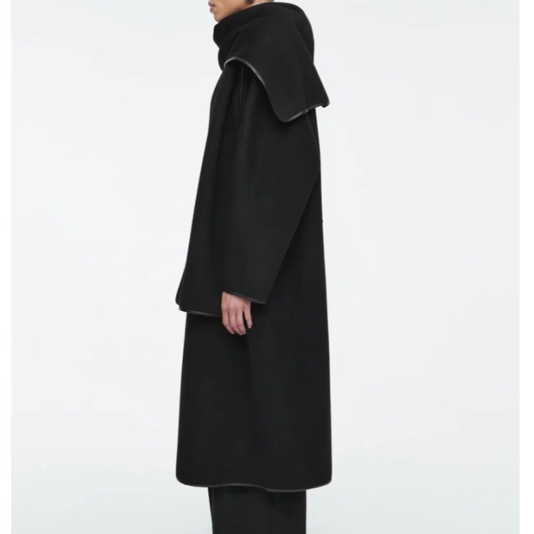 (W) COS Leather Trimmed Wool Scarf Coat Black 착용 스타일