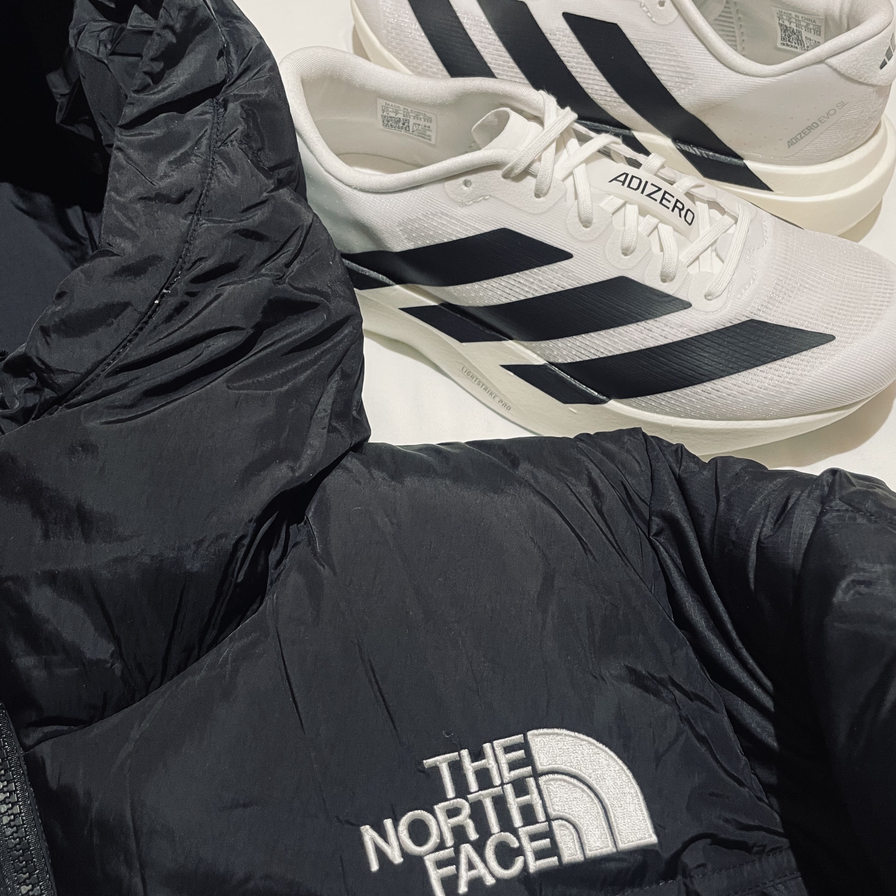 The North Face Nuptse Hoodie Black - 24FW, Adidas Adizero EVO SL Cloud White Core Black 착용 스타일