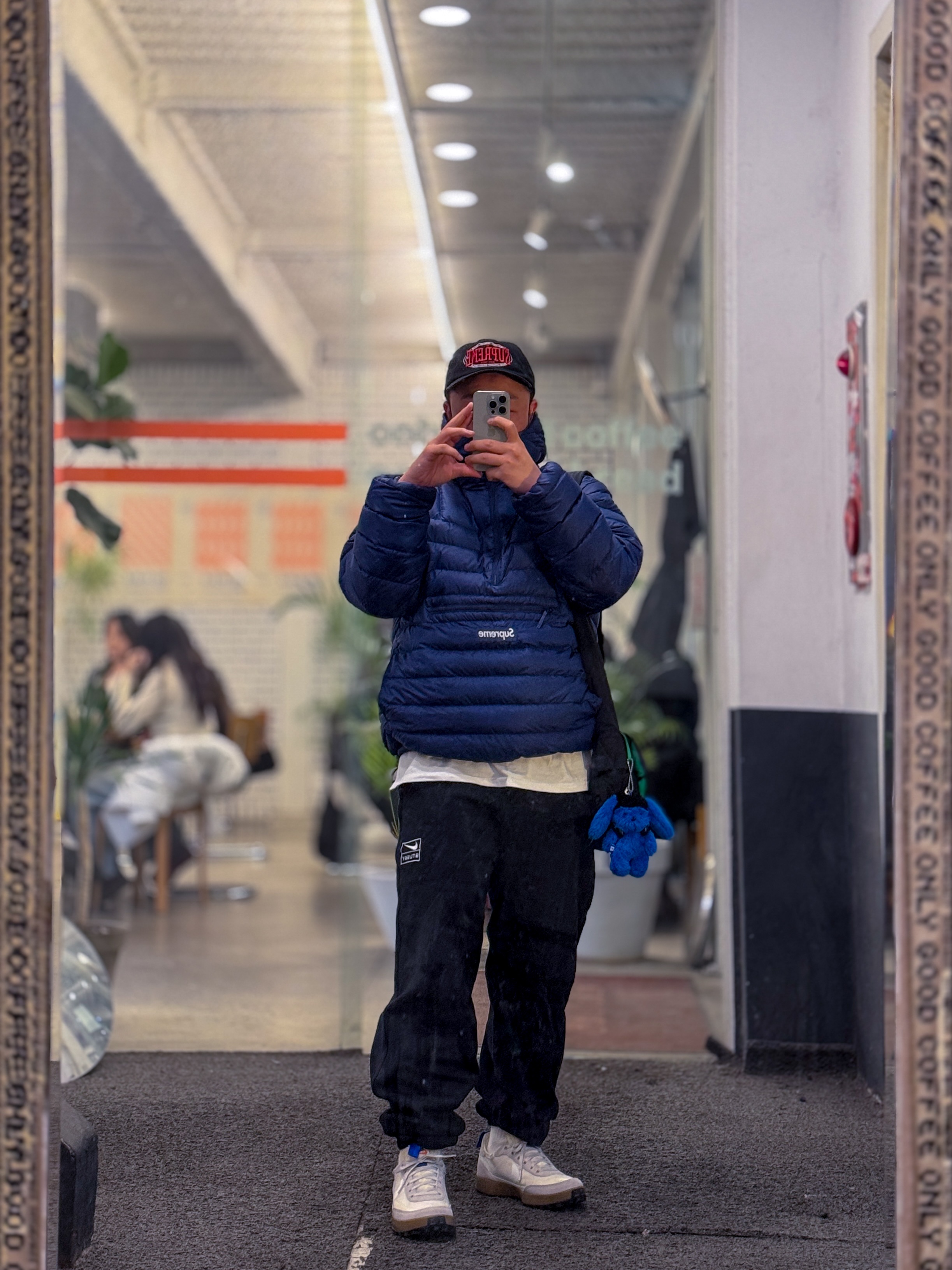 Supreme Micro Down Half Zip Hooded Pullover Navy - 24FW, Nike x Stussy NRG Washed Fleece Pants Black (DO5296-010) 착용 스타일