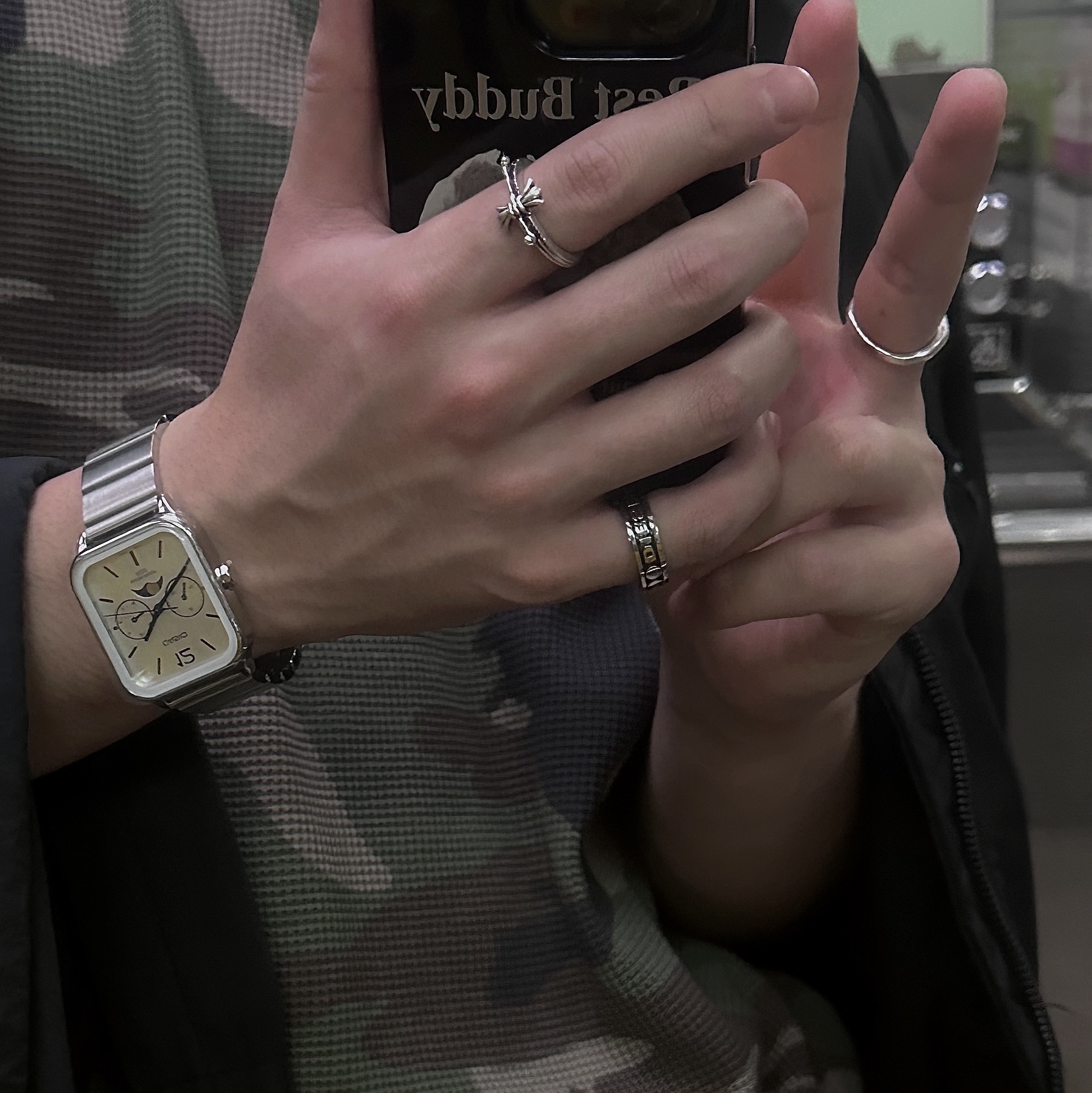 Quarqor #5117 Ring, Diesel Dx1170 Stainless Steel Ring Set Silver Black (Set of 2) 착용 스타일