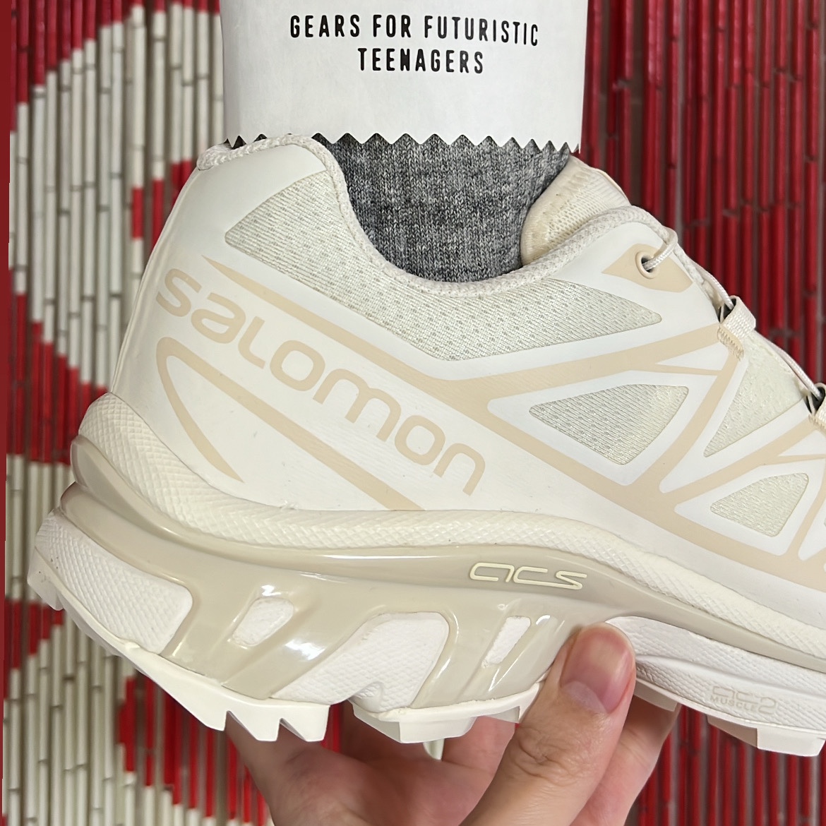 Salomon XT-6 Vanilla Ice Almond Milk, Human Made Pile Socks Gray 착용 스타일