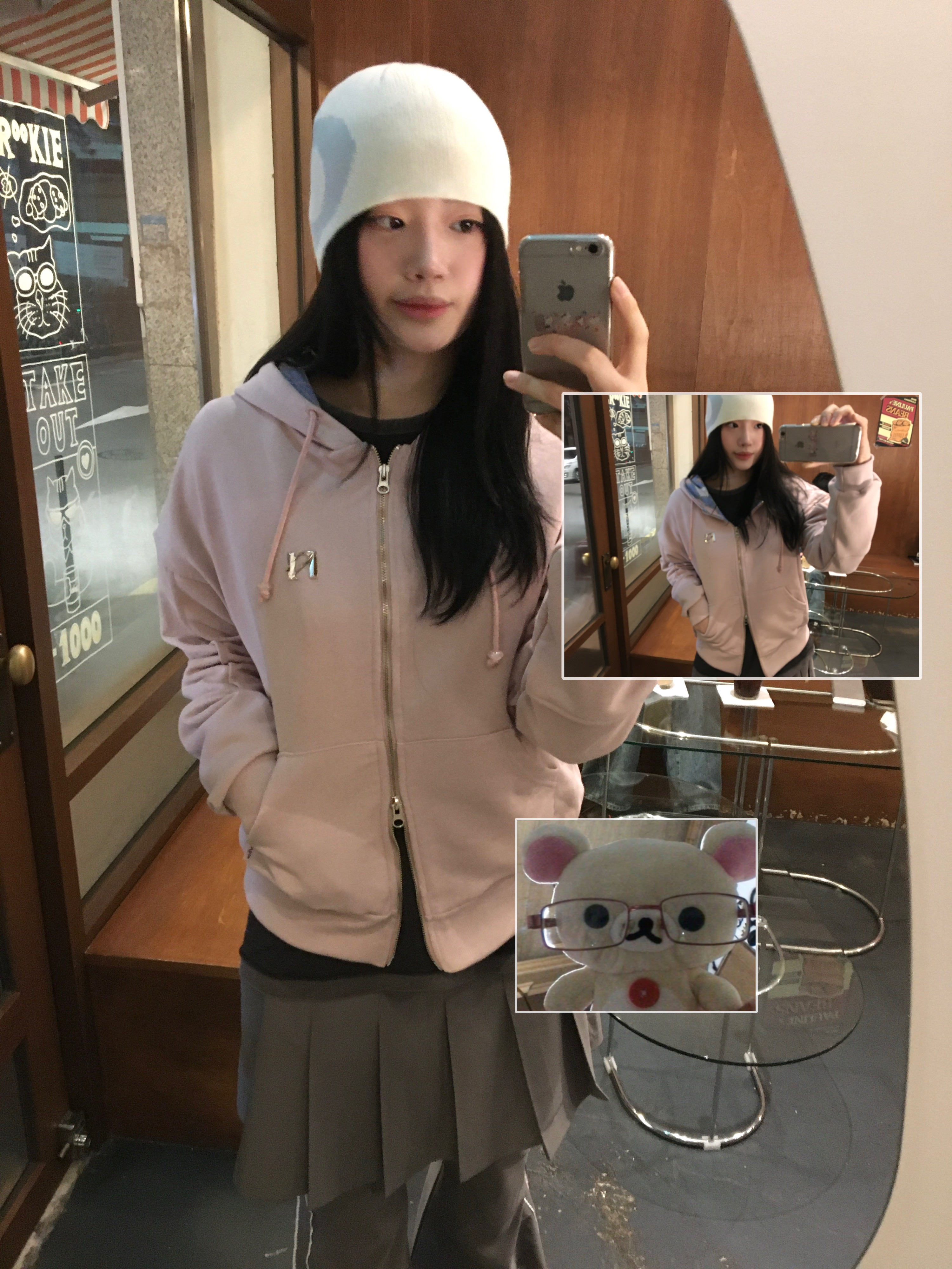 [KREAM 단독] Newalrin Lollipop Check Hoodie Zip Up Baby Pink 착용 스타일 - 1