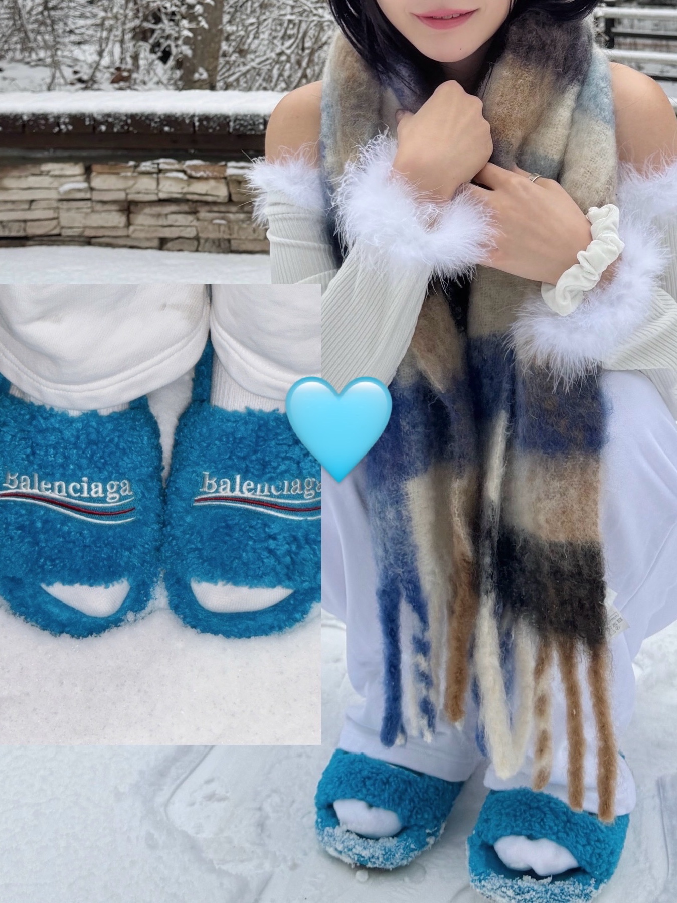 (W) Balenciaga Furry Slide Sandal Black, COS Oversized Mohair Blend Muffler Blue Brown Checked 착용 스타일 - 2