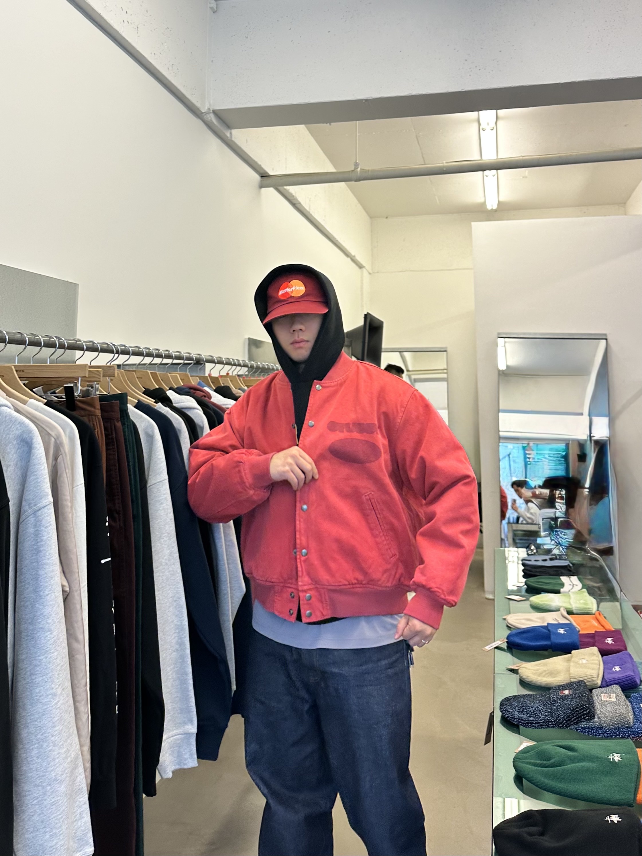 Stussy Ghost Logo Canvas Varsity Jacket Red, Supreme Rigid Baggy Selvedge Jean Rigid Indigo - 24FW 착용 스타일 - 3