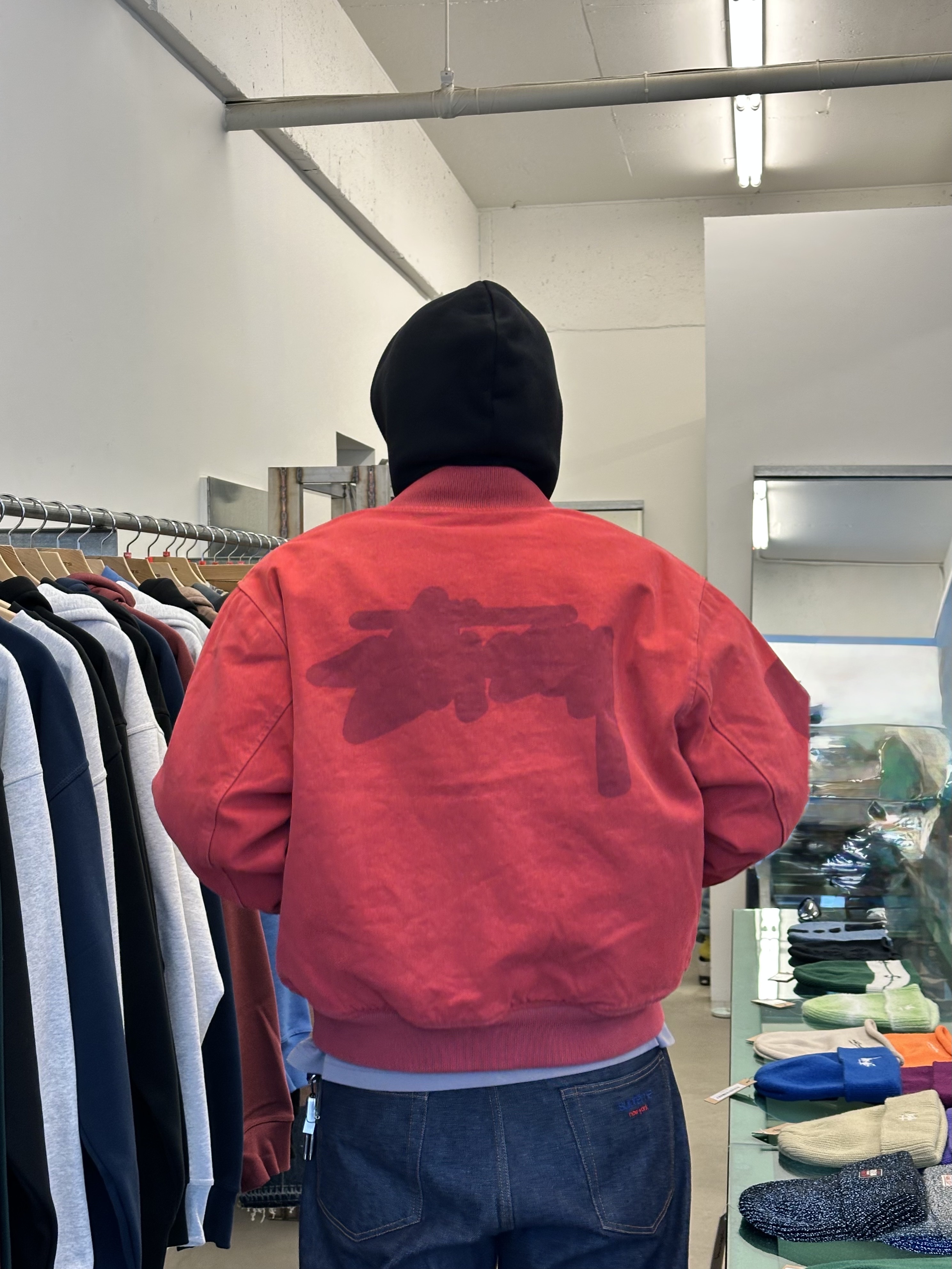 Stussy Ghost Logo Canvas Varsity Jacket Red, Supreme Rigid Baggy Selvedge Jean Rigid Indigo - 24FW 착용 스타일 - 2
