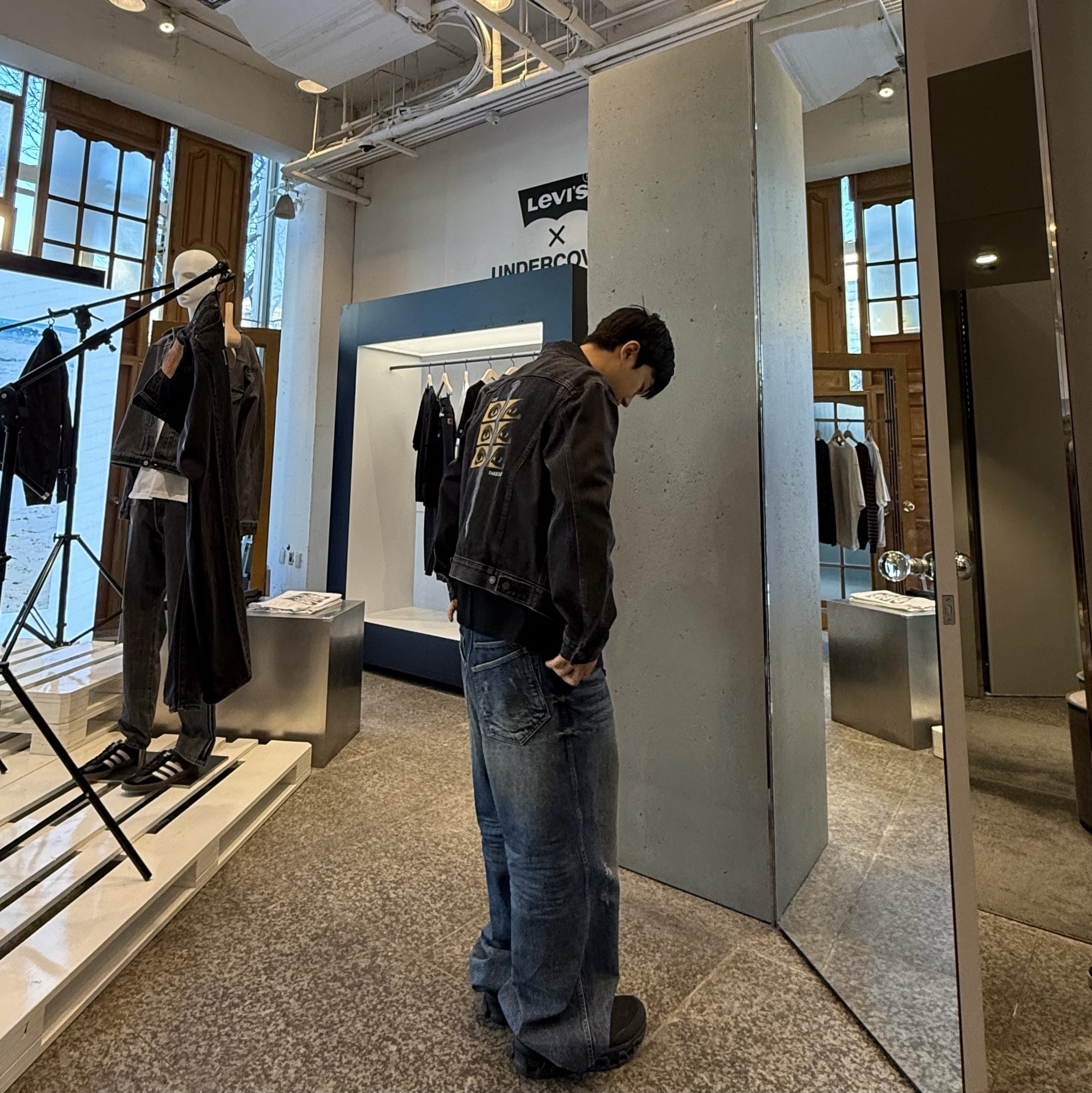 On Running x Post Archive Faction (Paf) Cloudmonster 2 Black Magnet, Nonnod Double Pocket Japanese Denim Mid Blue 착용 스타일