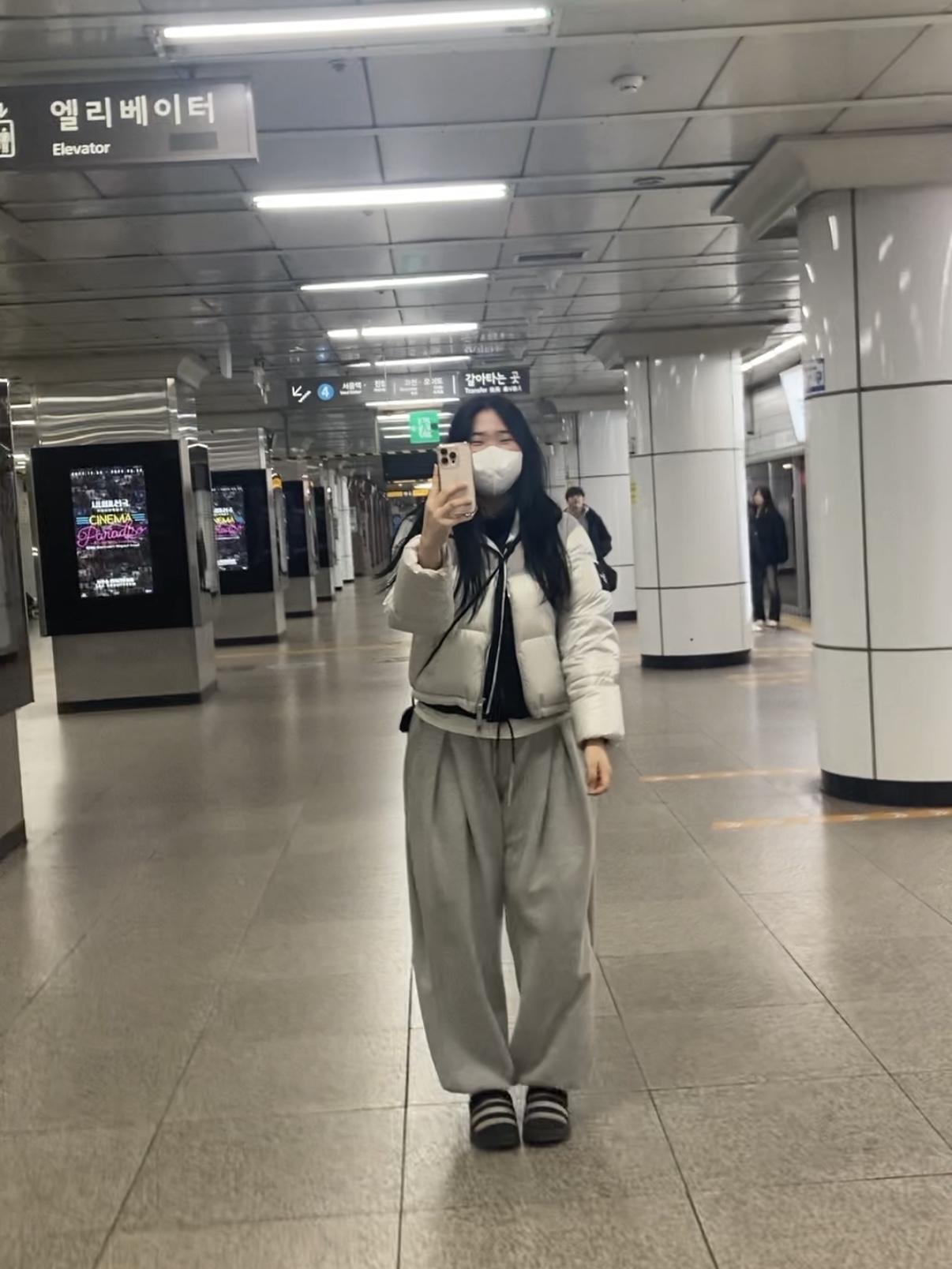 (W) The North Face White Label Novelty Nuptse Down Jacket Ice Gray, Adidas Puffylette Core Black 착용 스타일 - 2