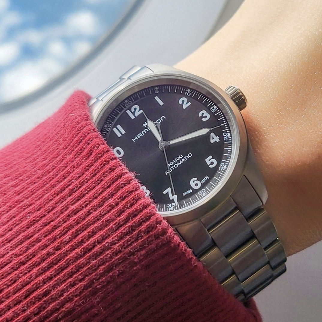 Hamilton x Engineered Garments Khaki Field Titanium Auto 36mm Stainless Steel Black 착용 스타일