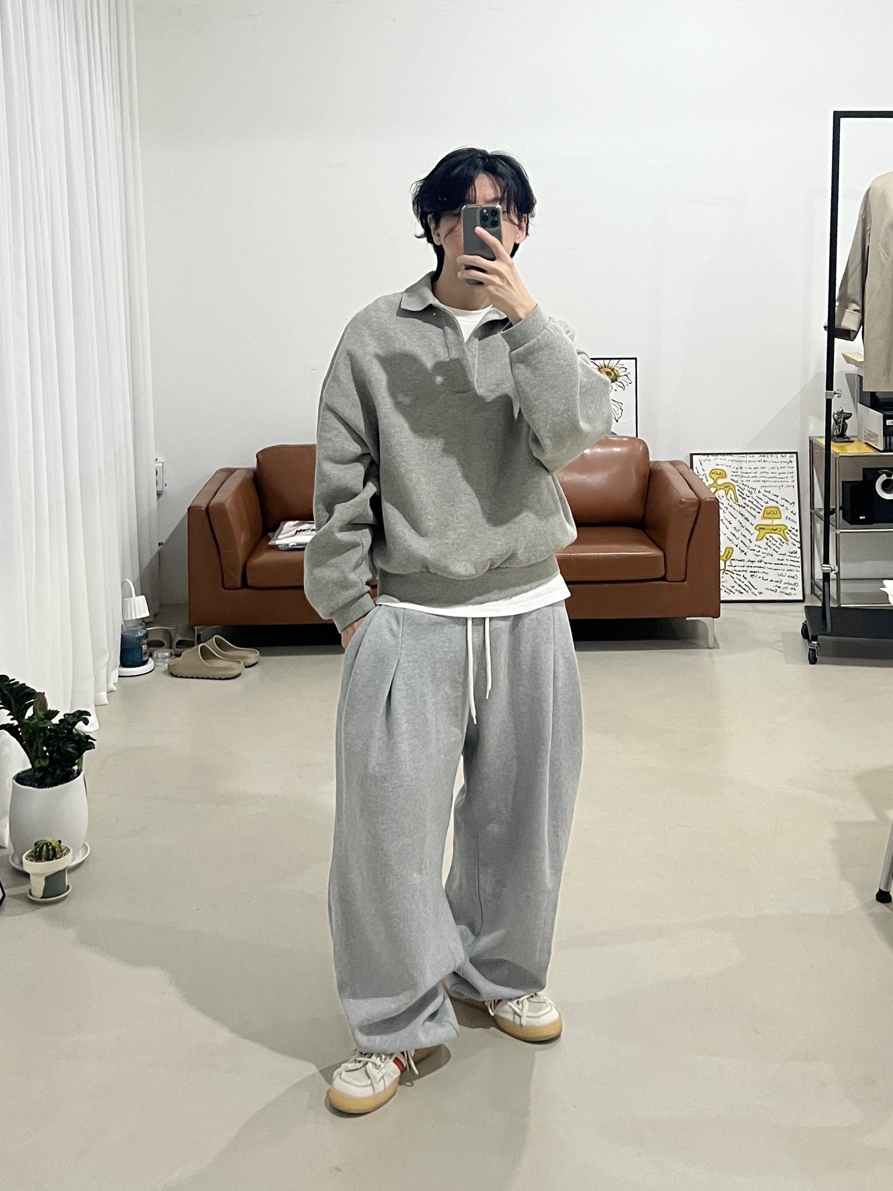 Adidas x Song for the Mute Campus 80s Bliss Core Black, Essentials Long Sleeve Polo Light Heather Grey - 24SS 착용 스타일 - 2