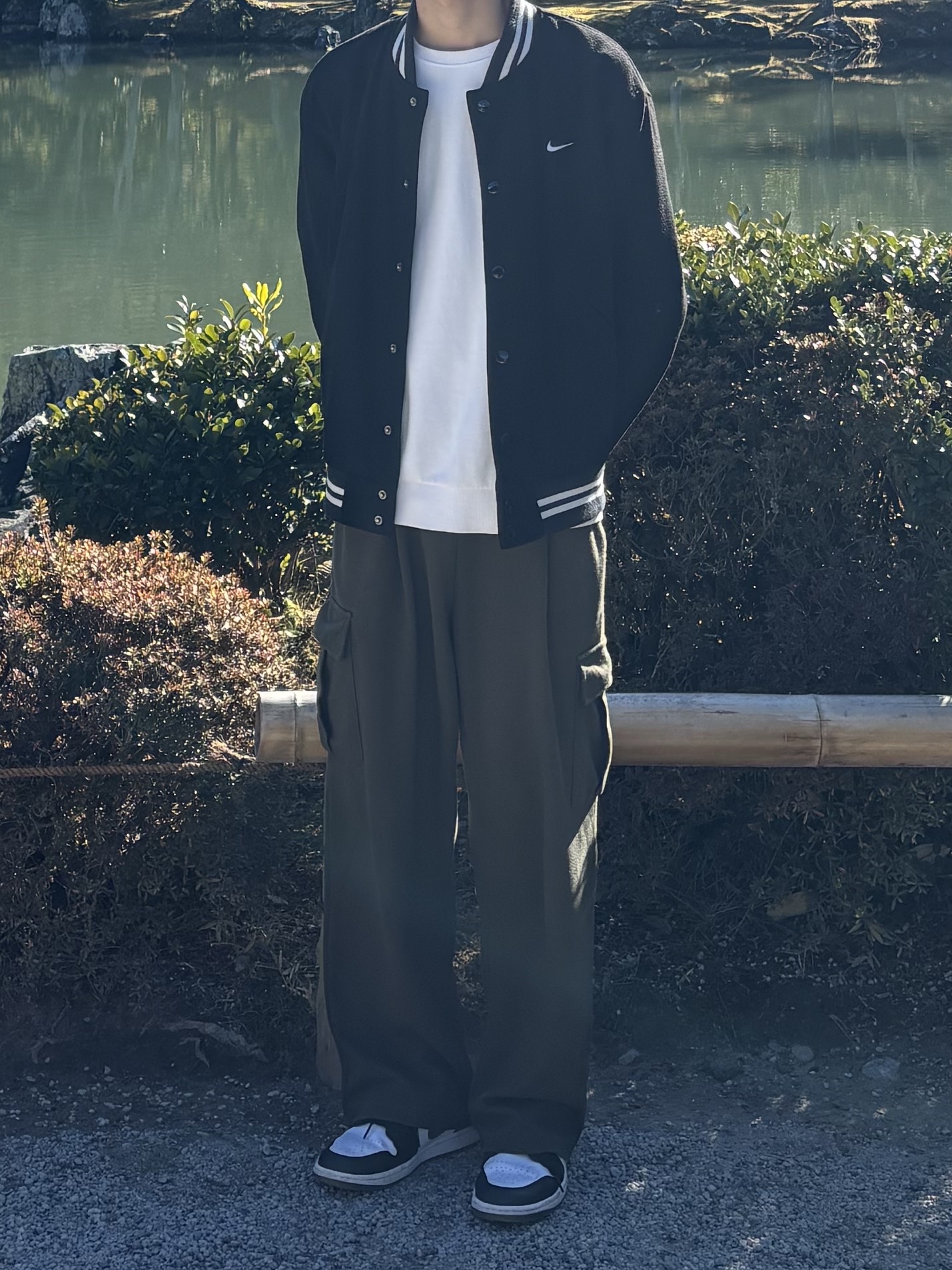 Nike NSW Authentics Varsity Jacket Black - Asia, Jordan 1 Low Black Medium Olive 착용 스타일
