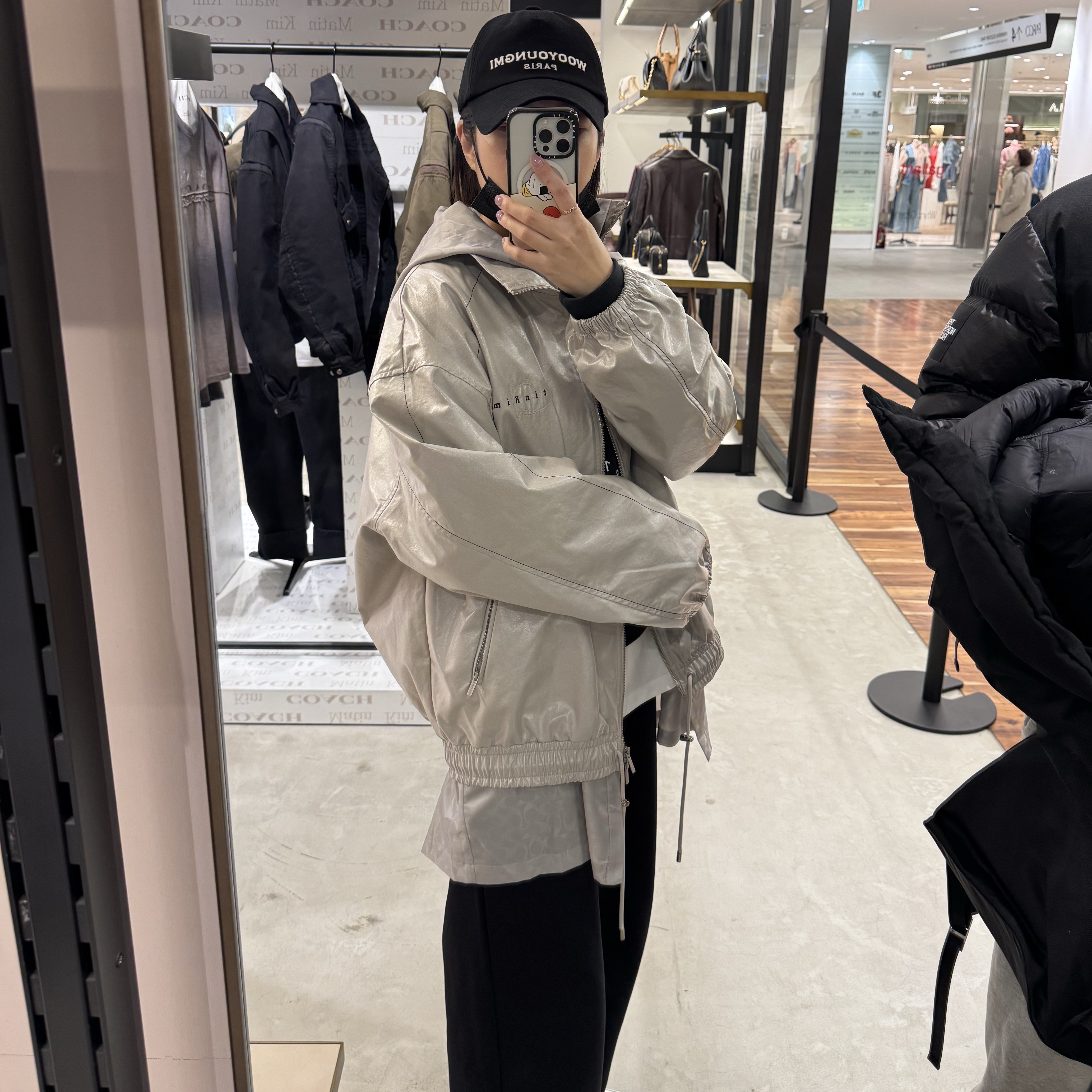 (W) Coach x Matin Kim Layered Coated Hoodie Jumper Gray, Wooyoungmi Embroidered Ball Cap Black - 24FW 착용 스타일