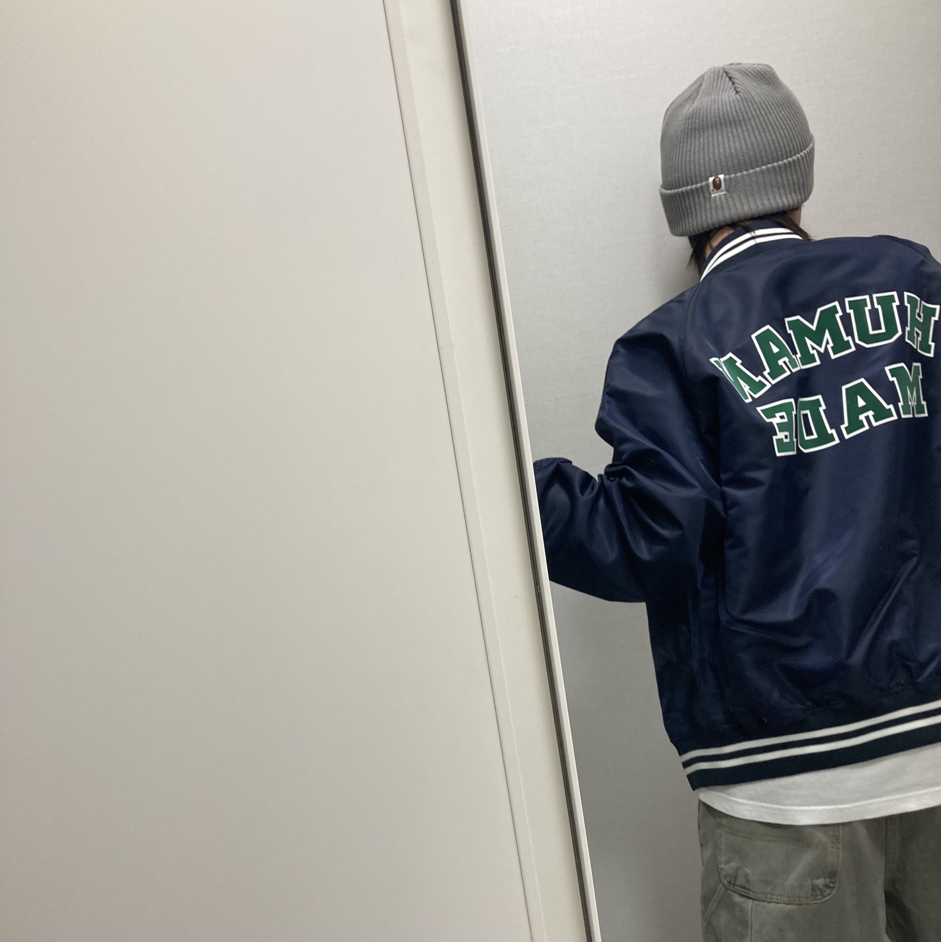 Human Made Nylon Stadium Jacket Navy 착용 스타일