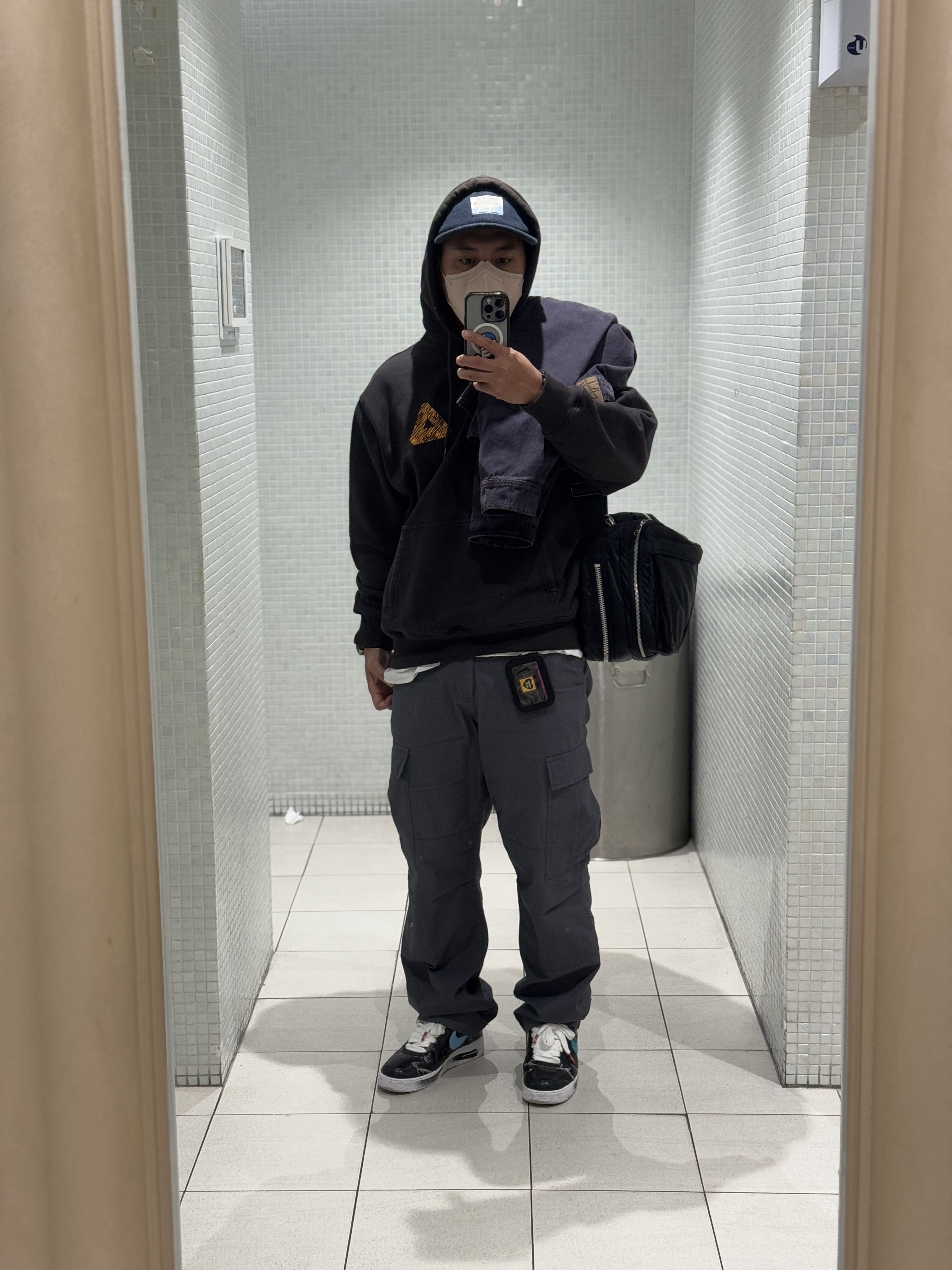 Stussy Denim Zip Work Jacket Espresso, Human Made Fleece Cap Navy 착용 스타일 - 3