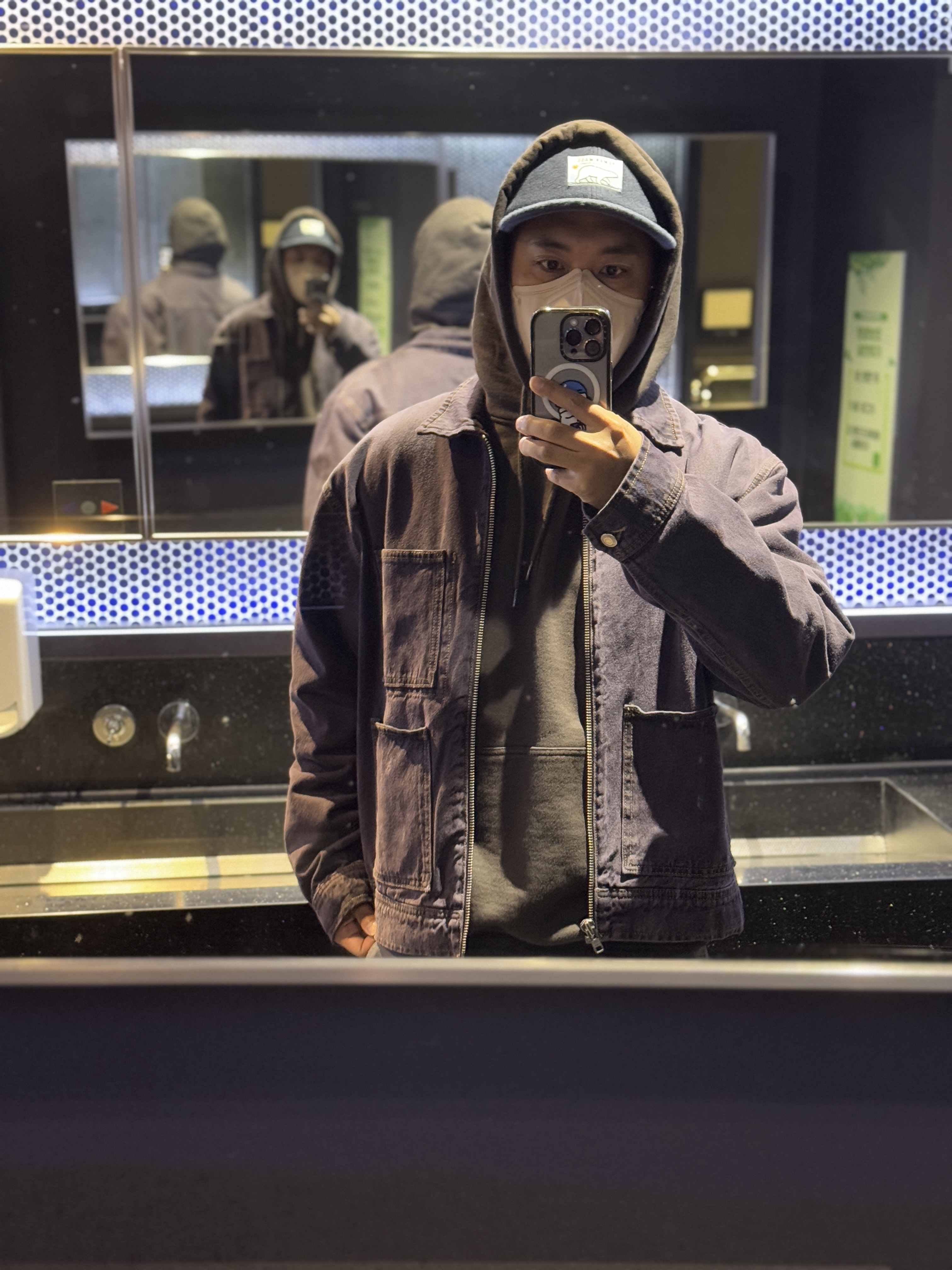 Stussy Denim Zip Work Jacket Espresso, Human Made Fleece Cap Navy 착용 스타일 - 1