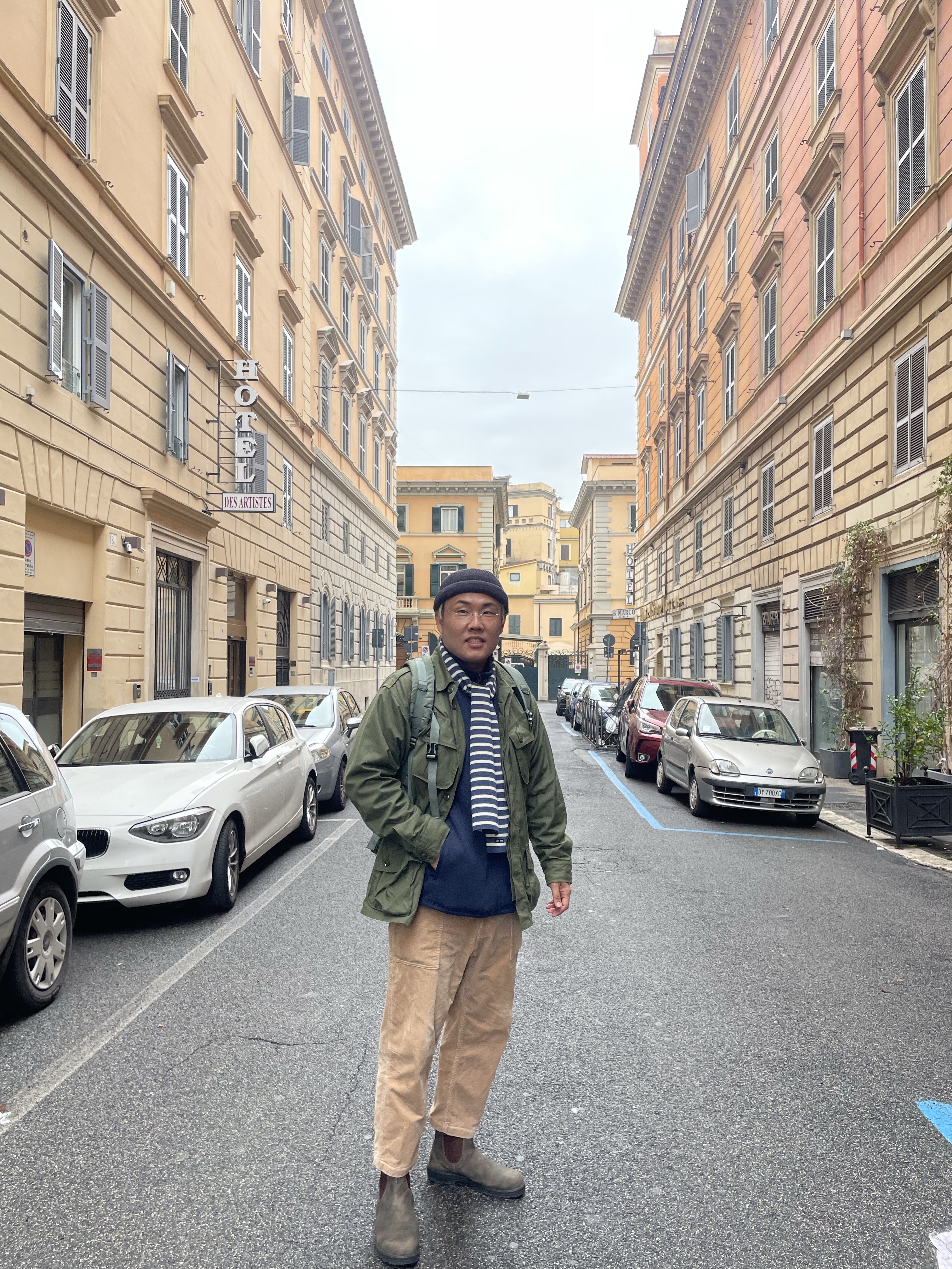 The Real McCoy's Combat Tropical Coat Olive, Saint James Scarf Raye (051) 착용 스타일