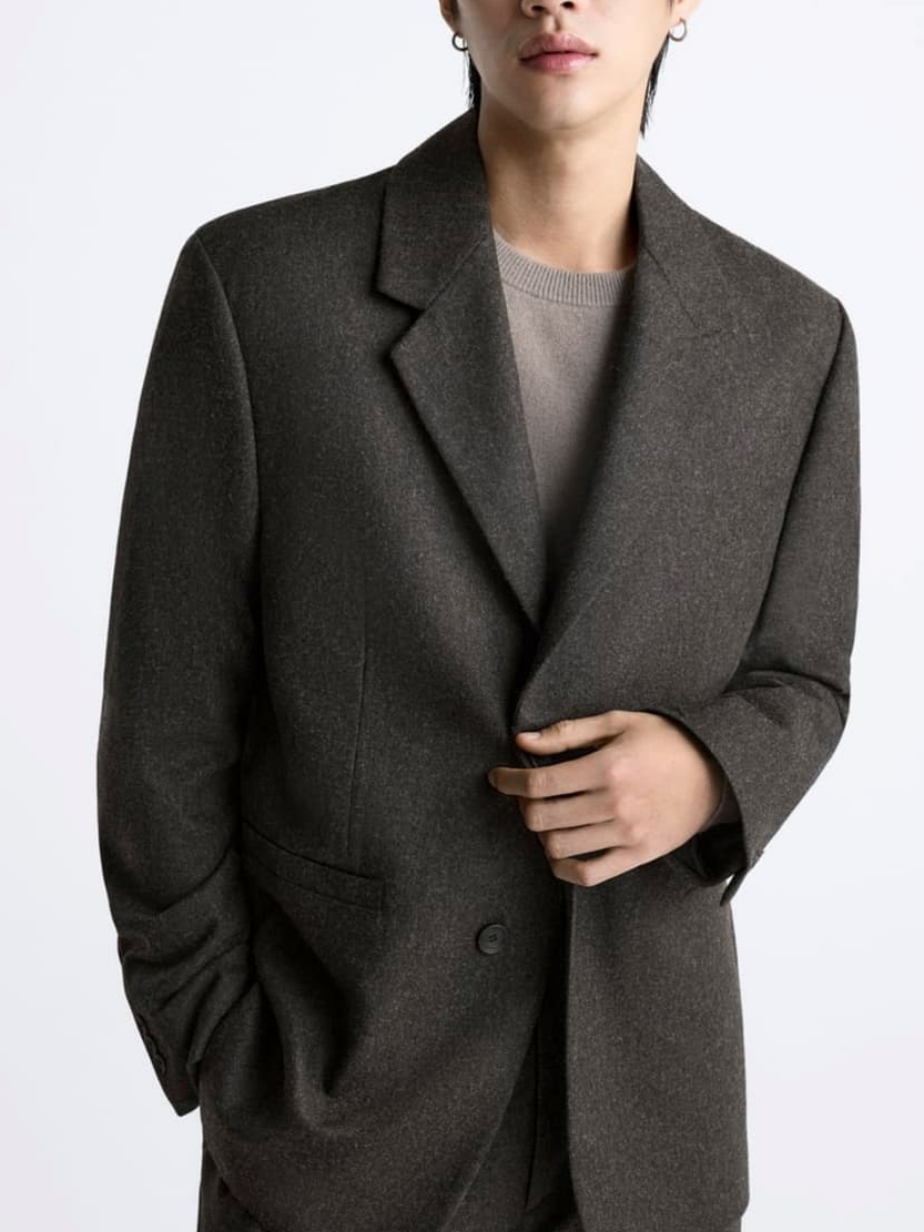 Zara Wool Blazer Jacket Brown, AMI de Coeur Oversize Intarsia Sweater Grey Black 착용 스타일